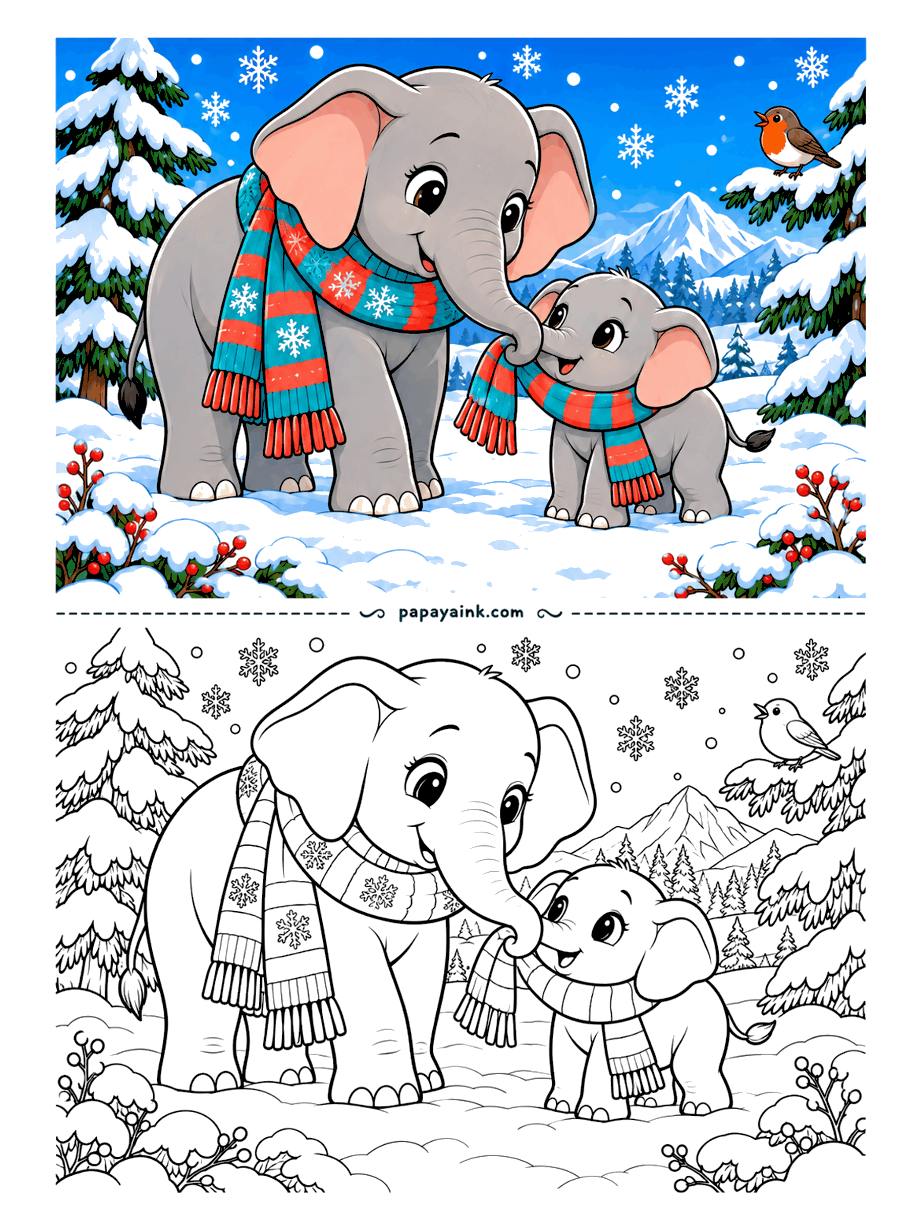 Elephant Coloring Pages - Matching scarves, obviously. The grown-up straightens the small one with the tip of the trunk while snow falls and a robin sings from the fir. Stripes and snowflake patterns on the knitwear are where the color goes.