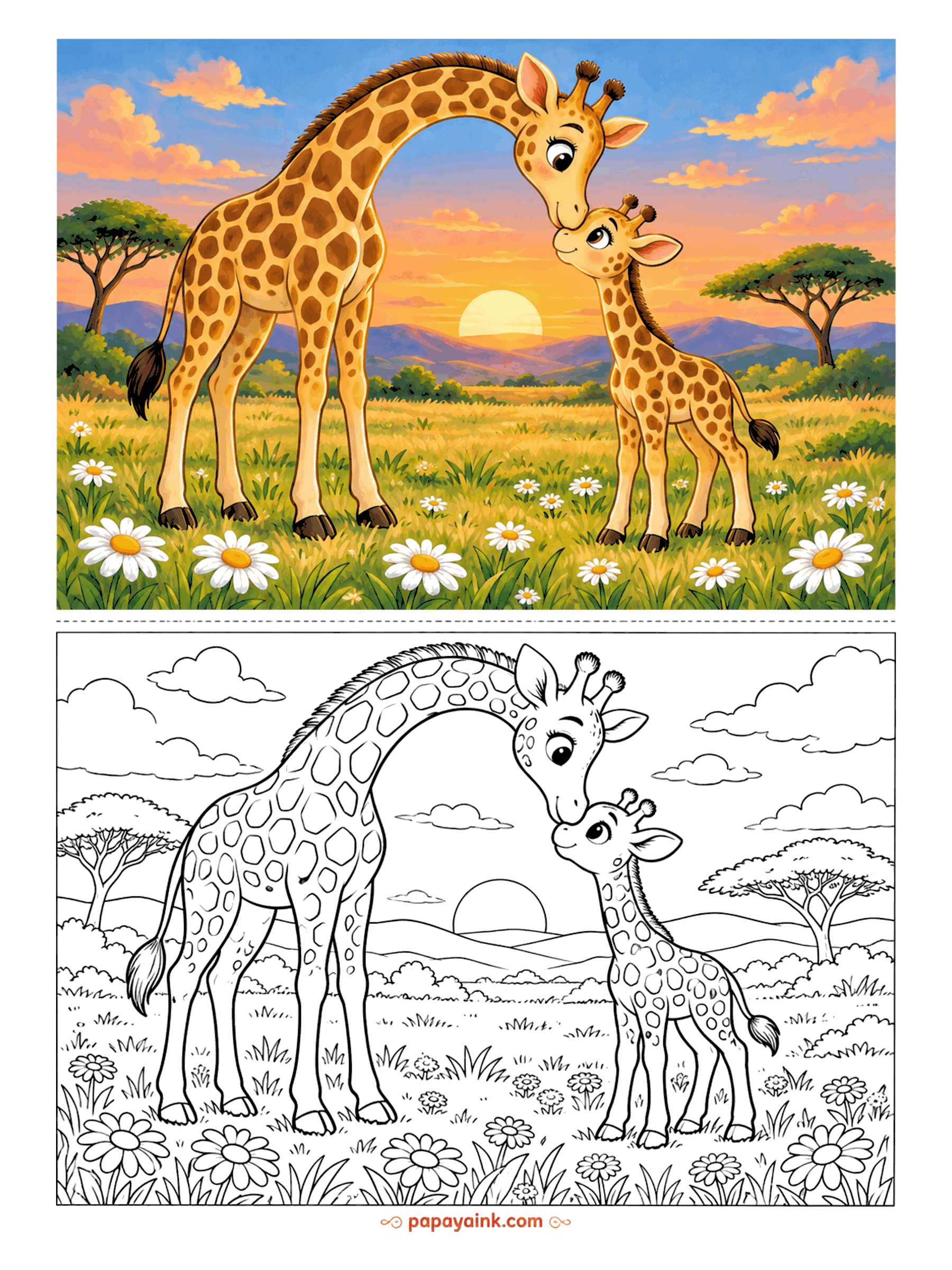 Giraffe Coloring Pages - Sunrise on the savanna: a tall mother giraffe curves her neck into an arch to nuzzle her calf while the sun comes up behind the hills.