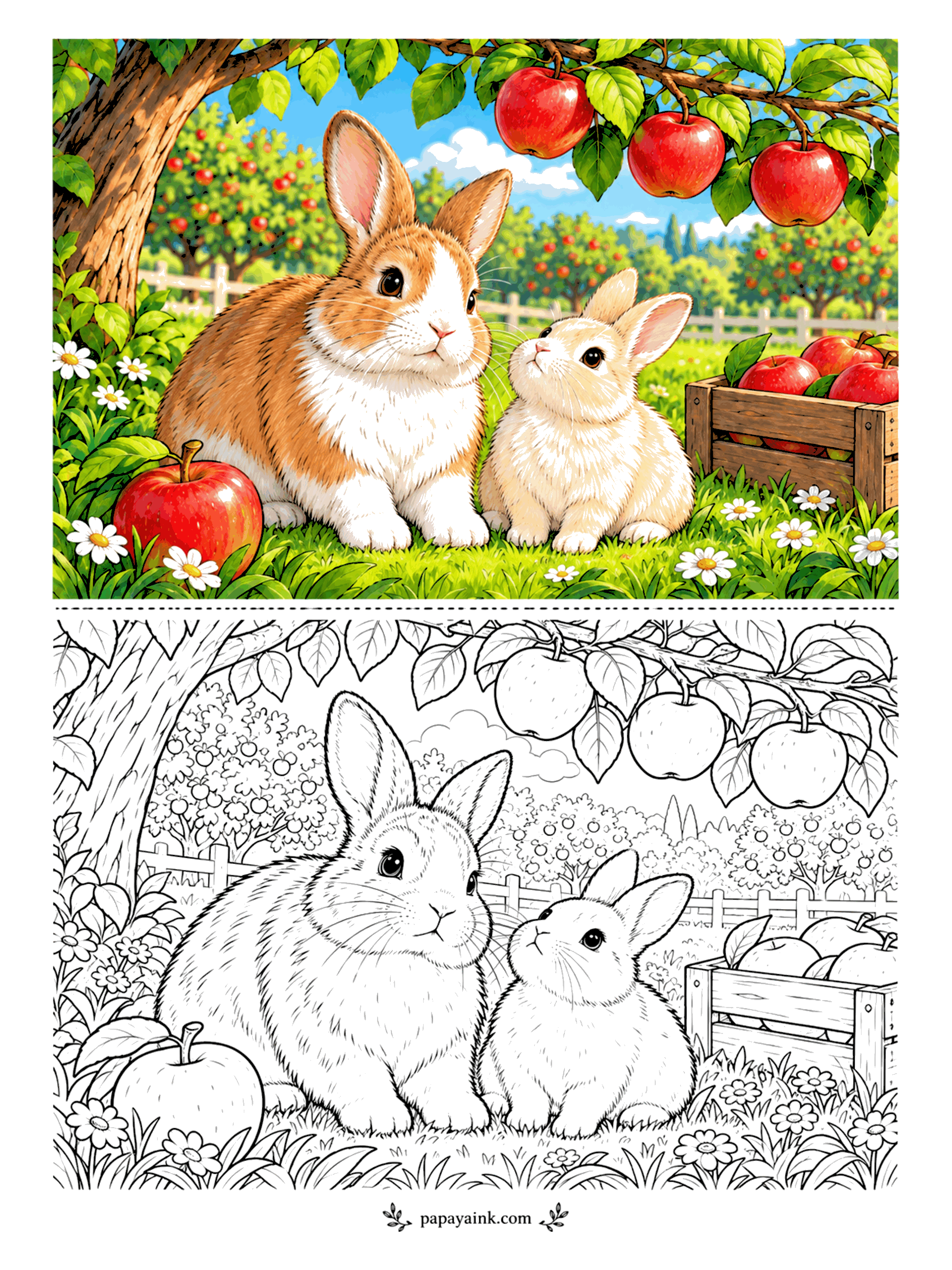 Rabbit Coloring Pages - Harvest day in the orchard, and the little one is watching the big one for instructions. The apples overhead are out of reach for both of them, which may explain why no one is working. Ripe red on bright green - good practice for glossy highlights.