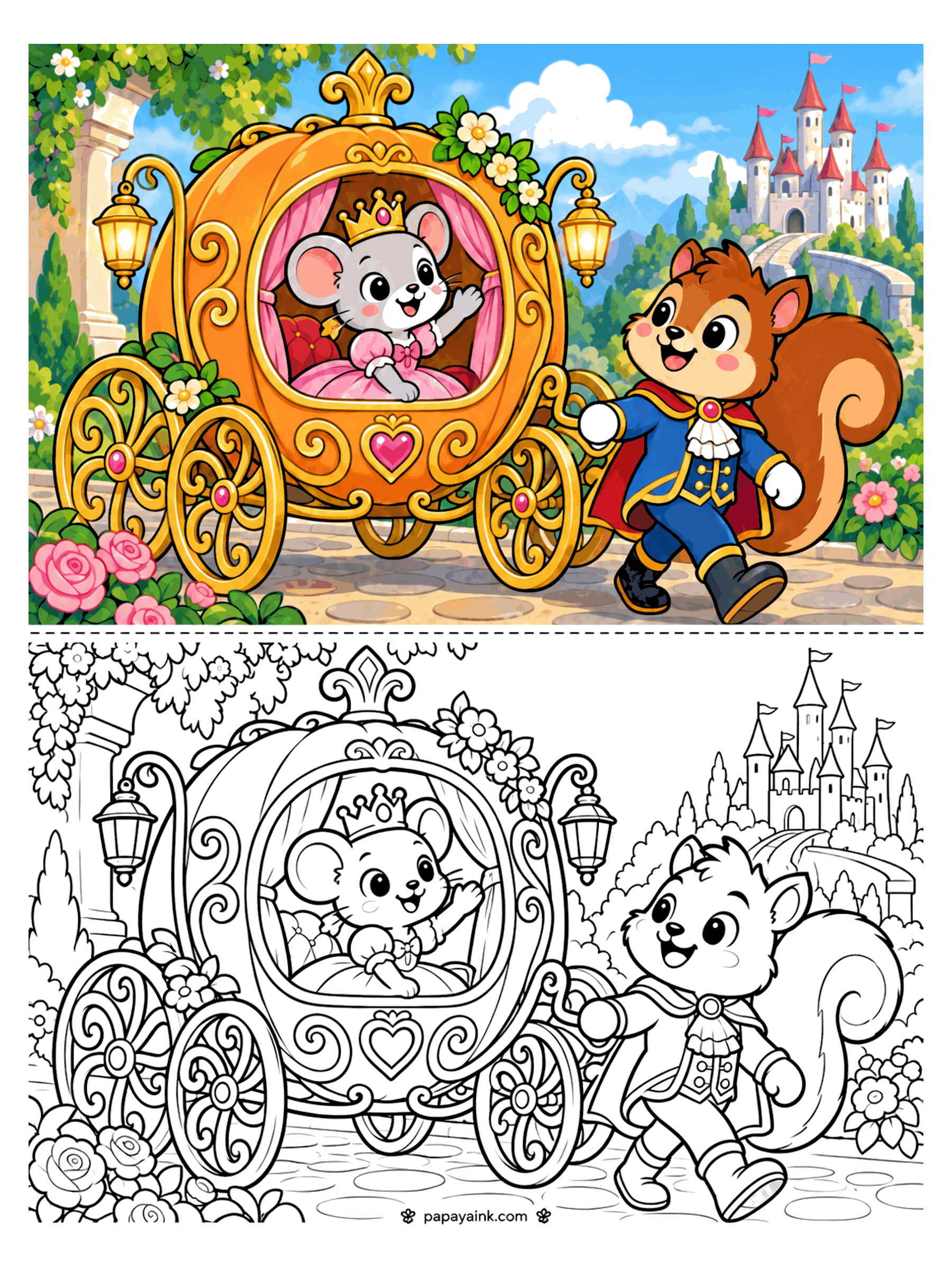 Pumpkin Coloring Pages - A mouse princess in a crown waves from a golden pumpkin carriage while a squirrel prince in a blue coat and cape walks alongside toward a hilltop castle. Detailed.