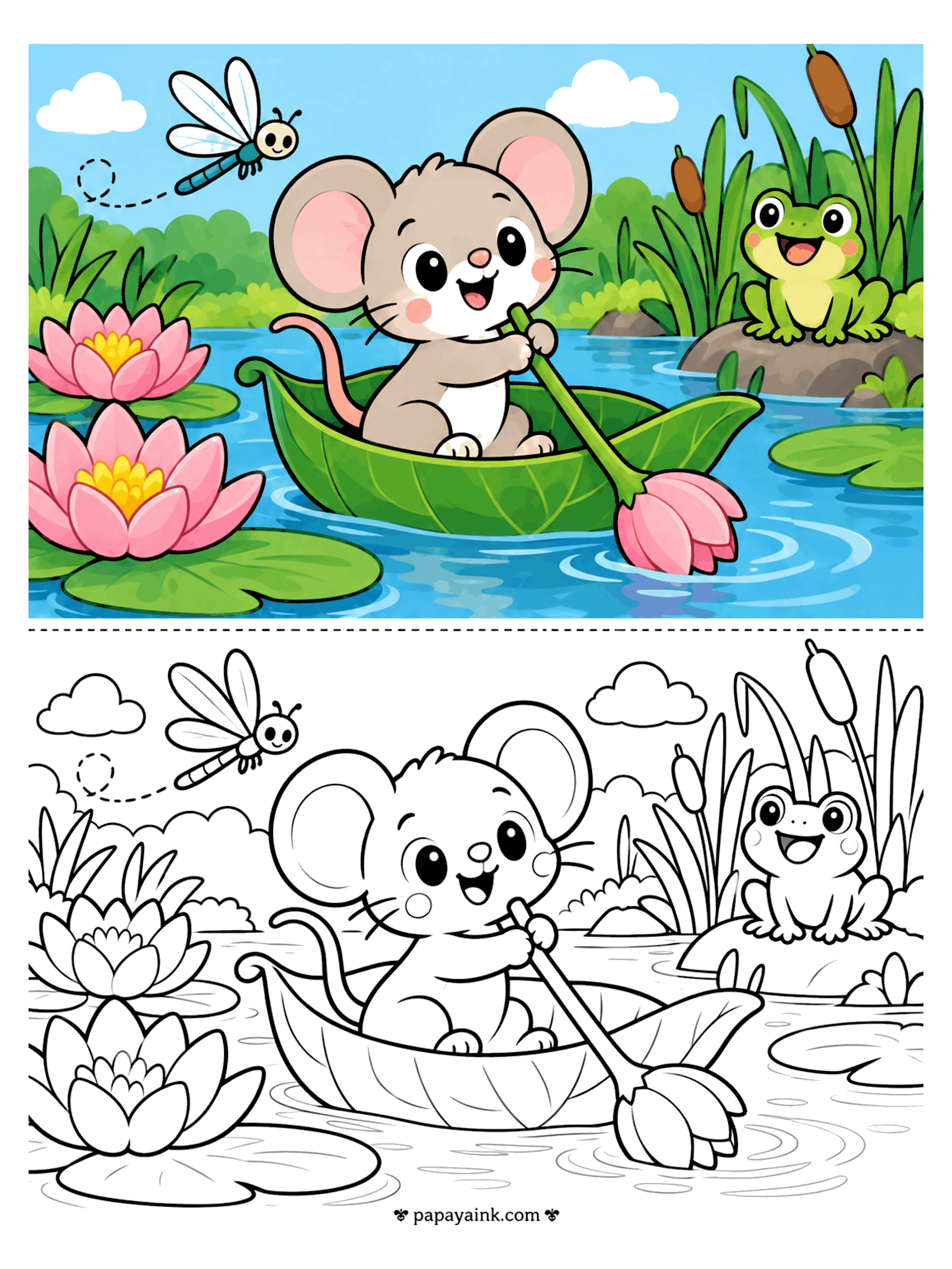 Copy Coloring Pages - Copy coloring page of a mouse paddling a leaf boat across a lily pond, with a frog and a dragonfly