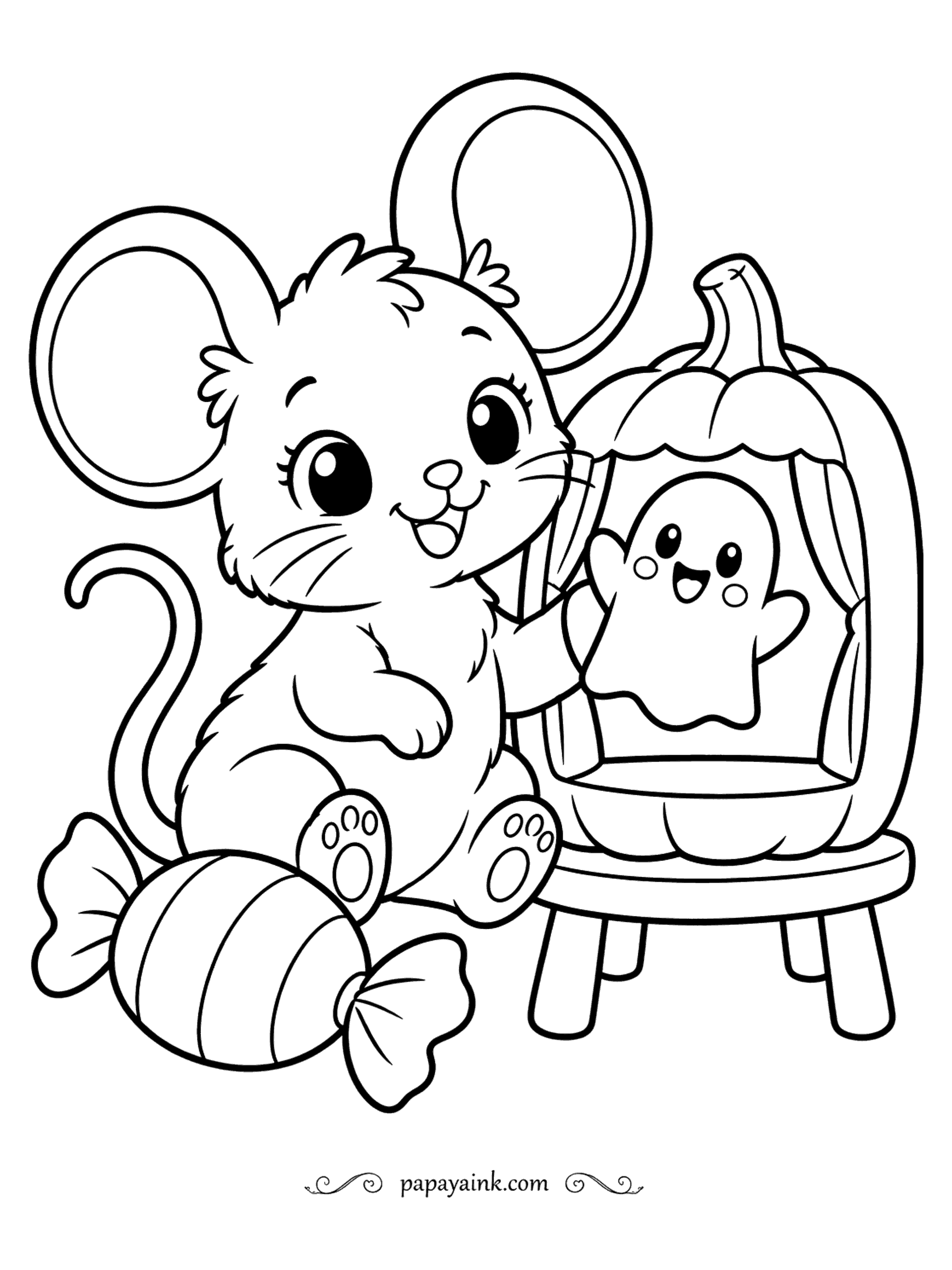 Easy Cute Halloween Coloring Pages - A mouse admires a jack-o-lantern lantern on a stool, where a ghost peeks from inside the carved window; two striped candies lie by its tail. Big round ears and a long curly tail - simple lines for a first sheet.