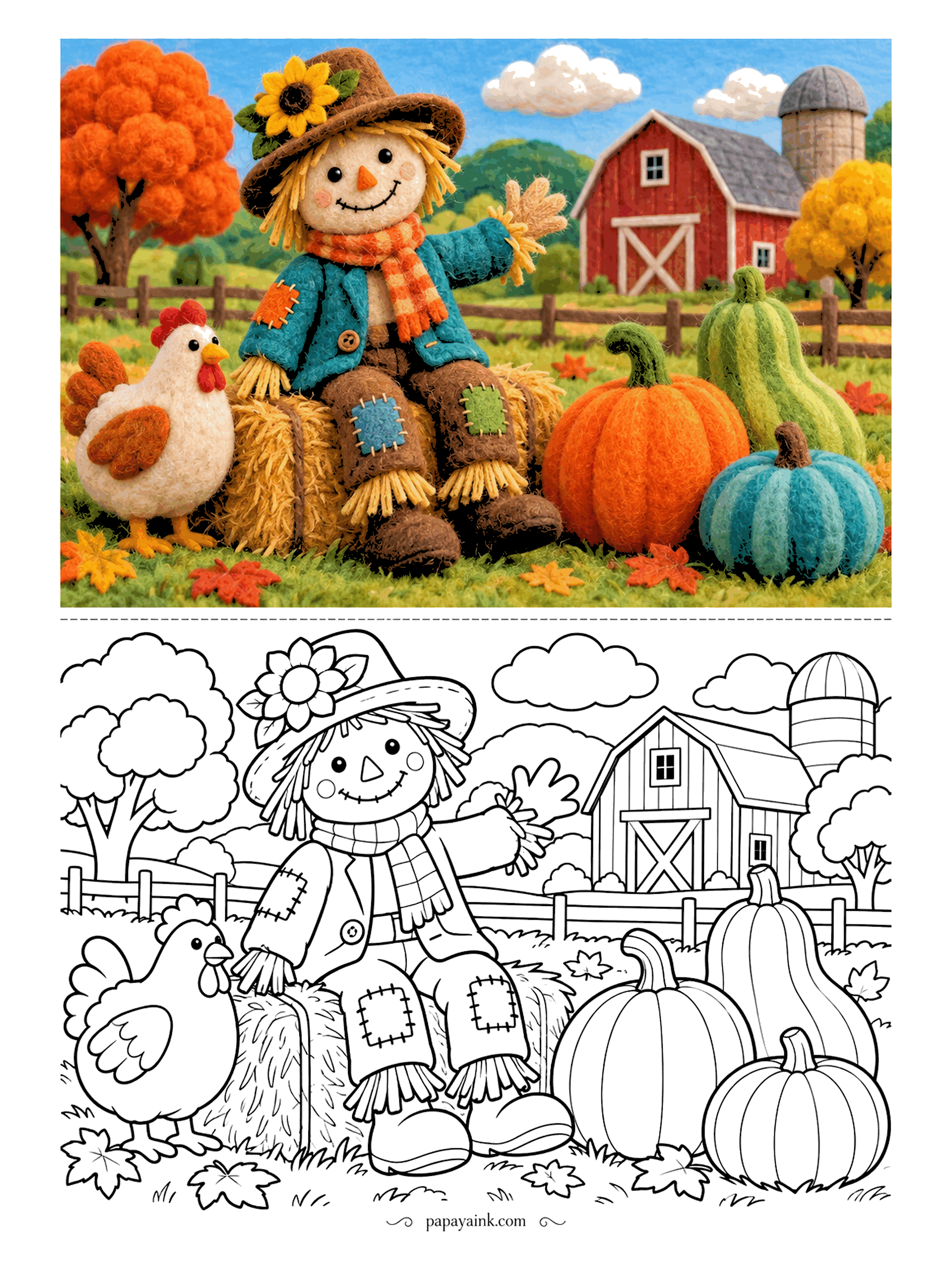 Scarecrow Coloring Pages - Needle-felted wool makes everything look fuzzy, even the hen. She stands by the scarecrow, who sits on a hay bale next to a striped squash and a teal pumpkin, with a red barn and a silo up the hill.