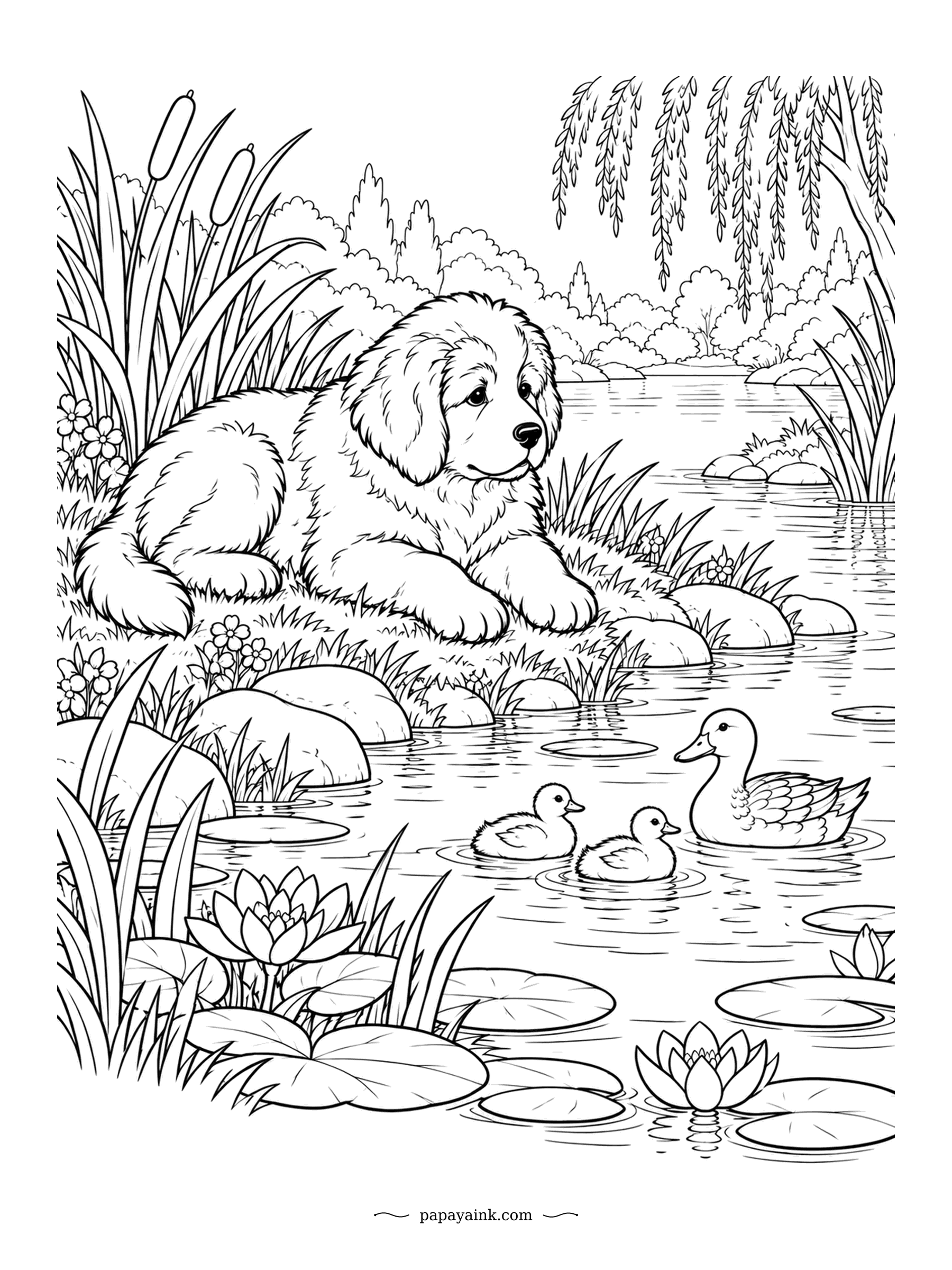 Puppy Coloring Pages - A mother duck leads two ducklings past the lily pads while a fluffy Newfoundland pup watches quietly from the bank. Grown Newfies are famous swimmers, but this one is content to observe. Detailed - willows, reeds and water lilies.