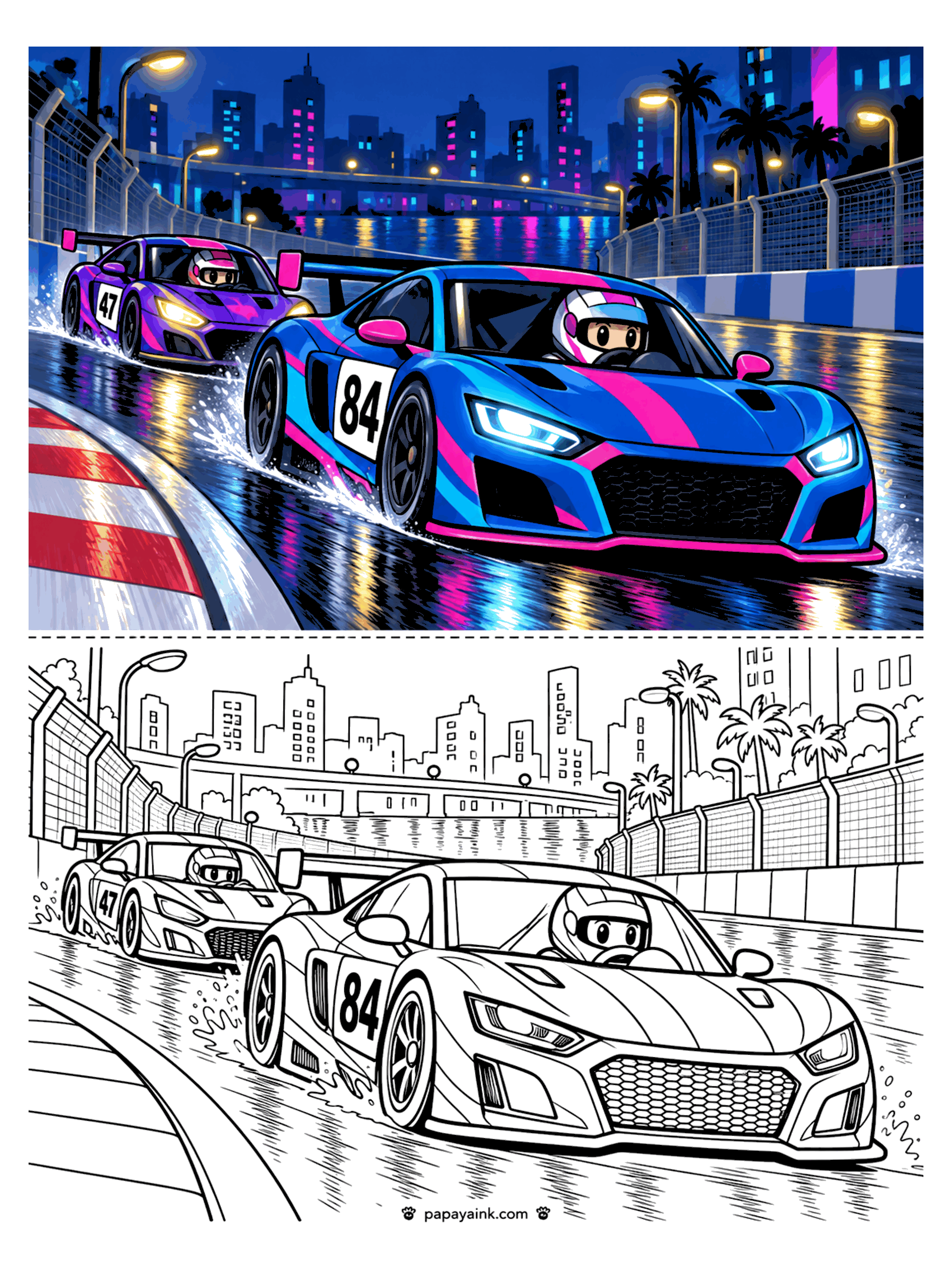Race Car Coloring Pages - Two supercars racing through a rain-slick city street at night with palm trees and skyscrapers behind. Detailed