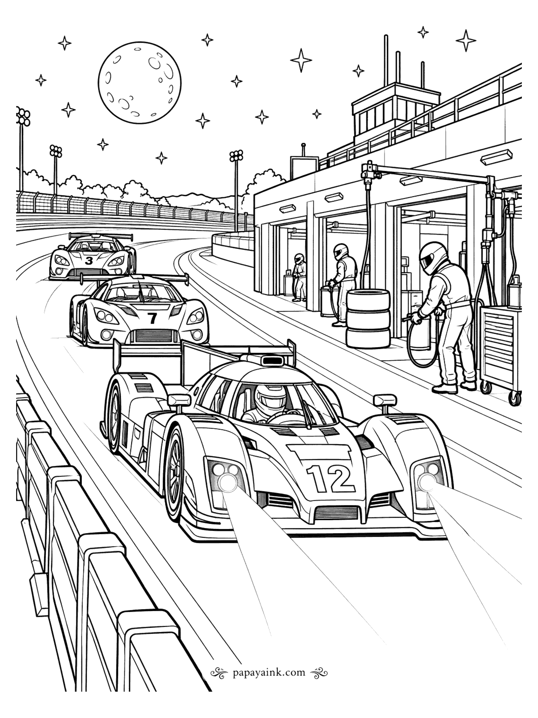 Race Car Coloring Pages - A night endurance race with headlights blazing past the pit lane while the crew works under a full moon and stars.