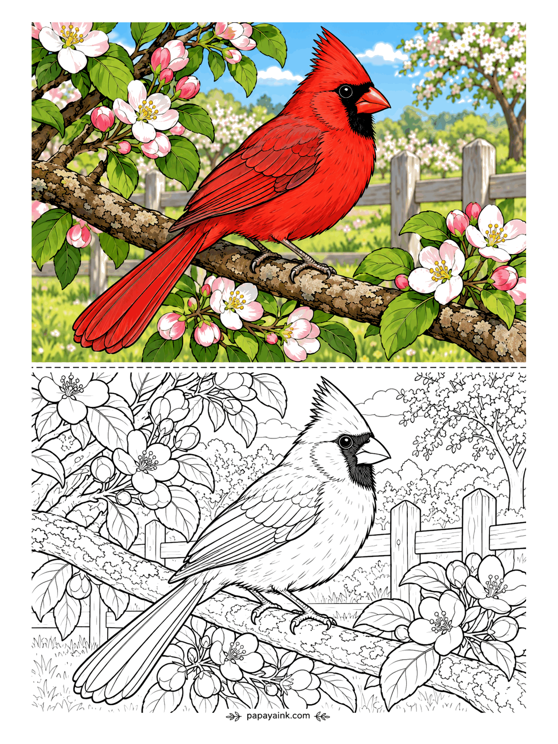 Bird Coloring Pages - Red bird, pink blossom, white fence: the whole page is spring. A northern cardinal sits on a blossoming apple branch, an orchard behind. Keep the black mask small and sharp, the beak orange, the flowers pale so the bird stays the loudest thing here.