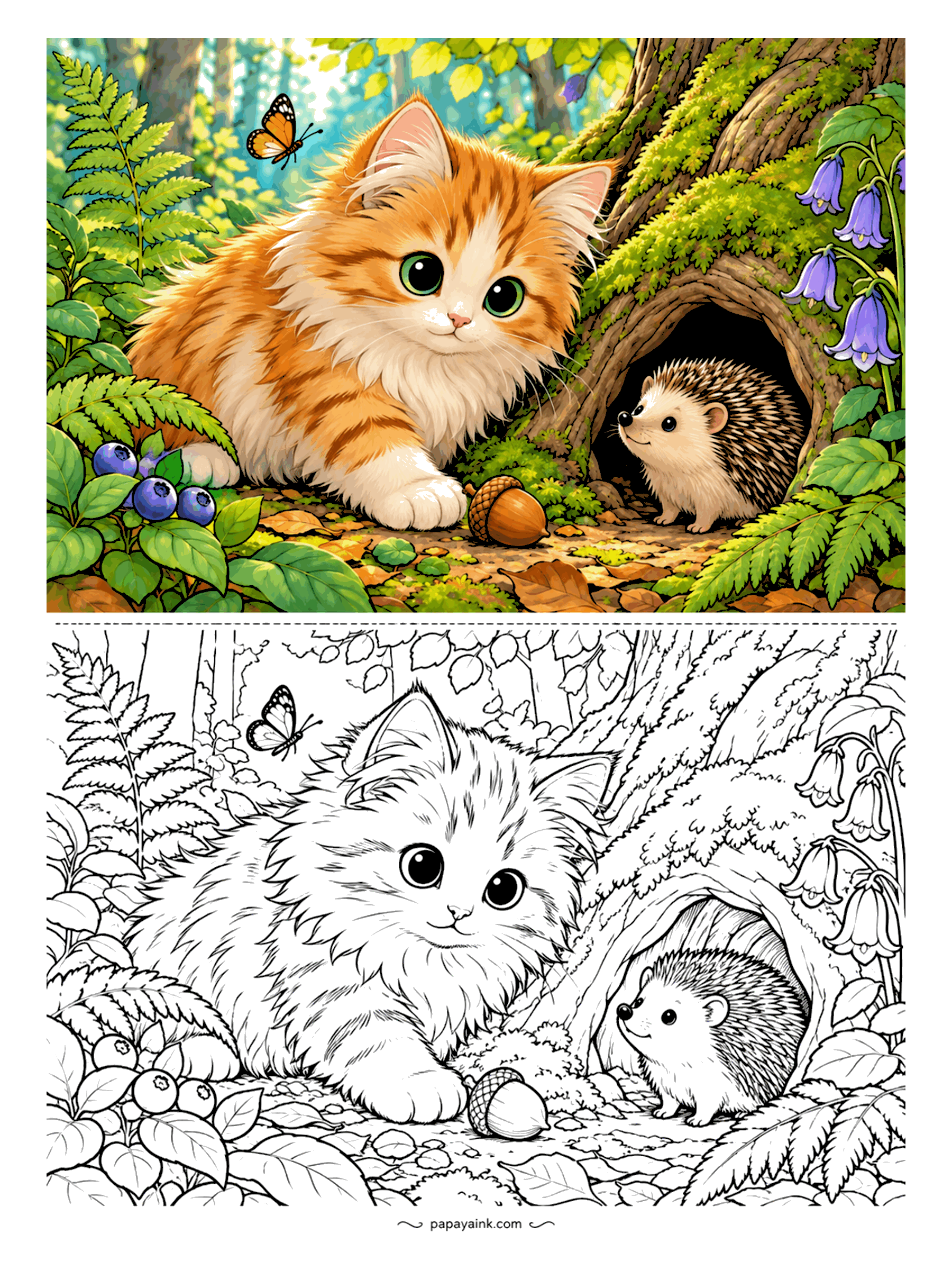 Kitten Coloring Pages - A Norwegian Forest kitten and a hedgehog meet over an acorn at the roots of an old tree. Ferns, bluebells, blueberries, moss and one orange butterfly overhead. Detailed - a page for an afternoon, not a lunch break.