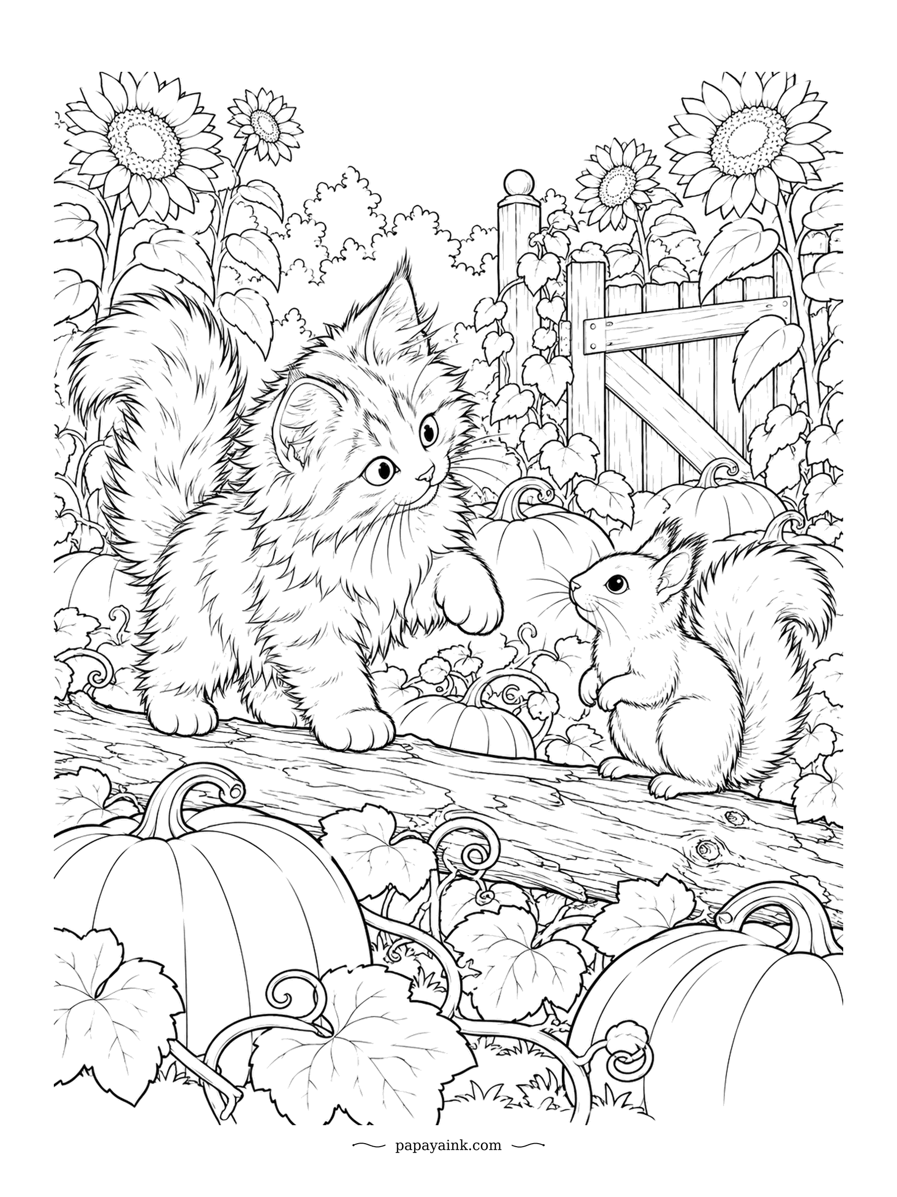 Kitten Coloring Pages - Kitten and squirrel, face to face on a log in the pumpkin patch, sunflowers nodding over the gate. Norwegian Forest kittens get the bushy tail early and the big ruff later, so the tail is the giveaway. Detailed - vines, leaves, a full garden.