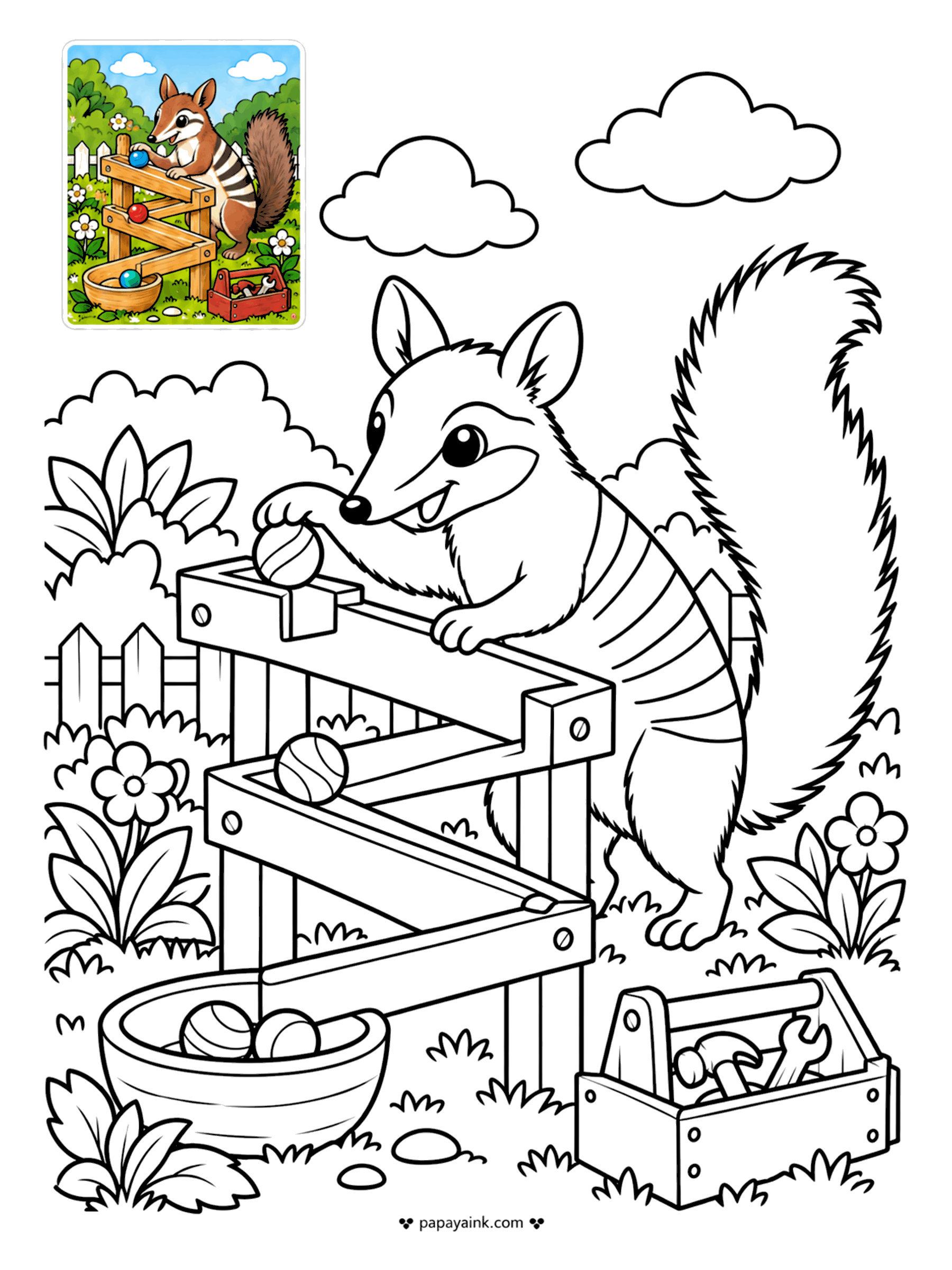 Color Guide Coloring Pages - A numbat can eat around twenty thousand termites a day, but today it is playing with marbles instead. The wooden marble run zigzags down to a bowl, toolbox at the ready. Note the white stripes across the back in the sample.
