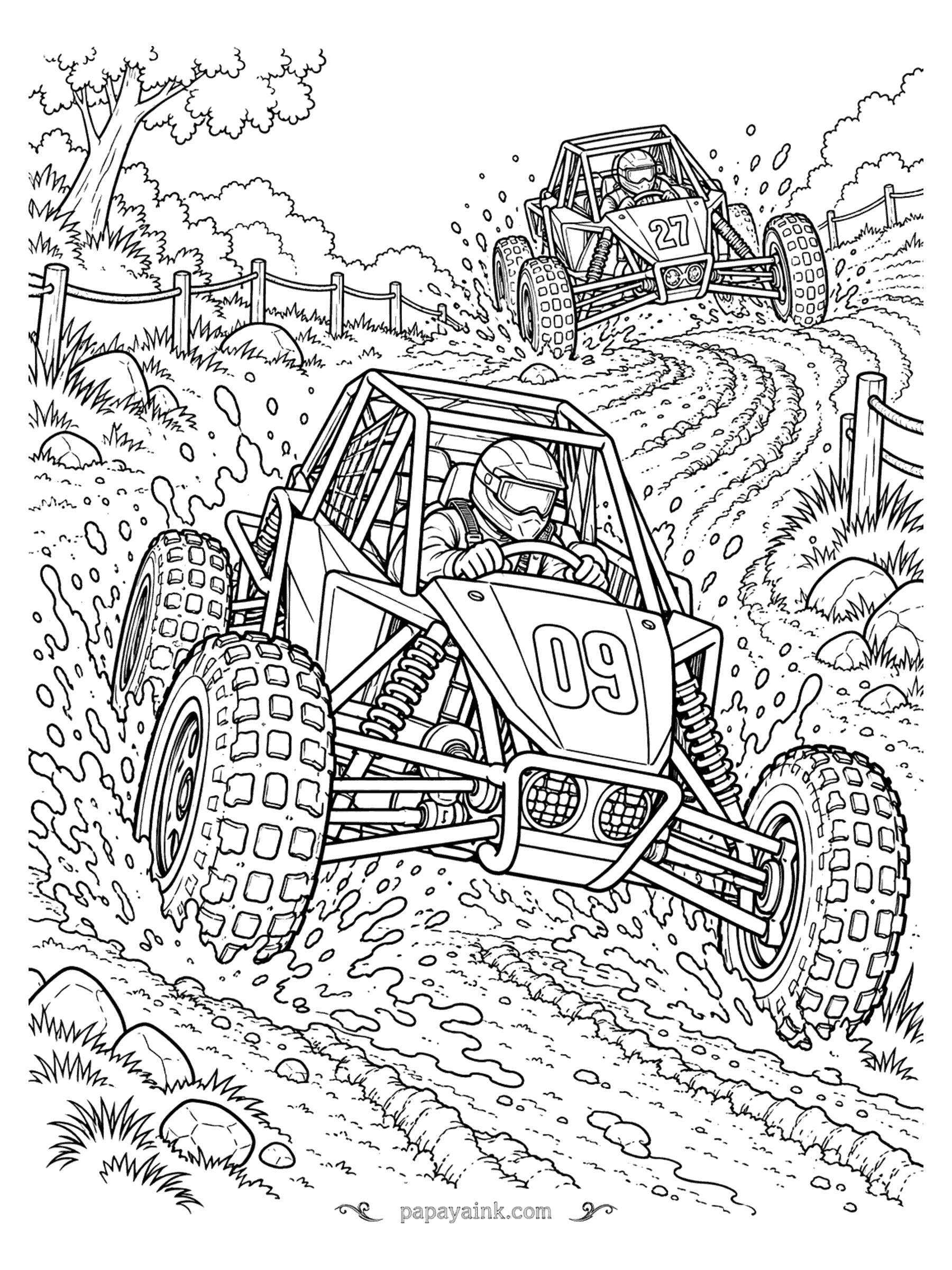 Race Car Coloring Pages - Two off-road buggies with roll cages and knobby tires splashing through a muddy track between rope fences. Detailed