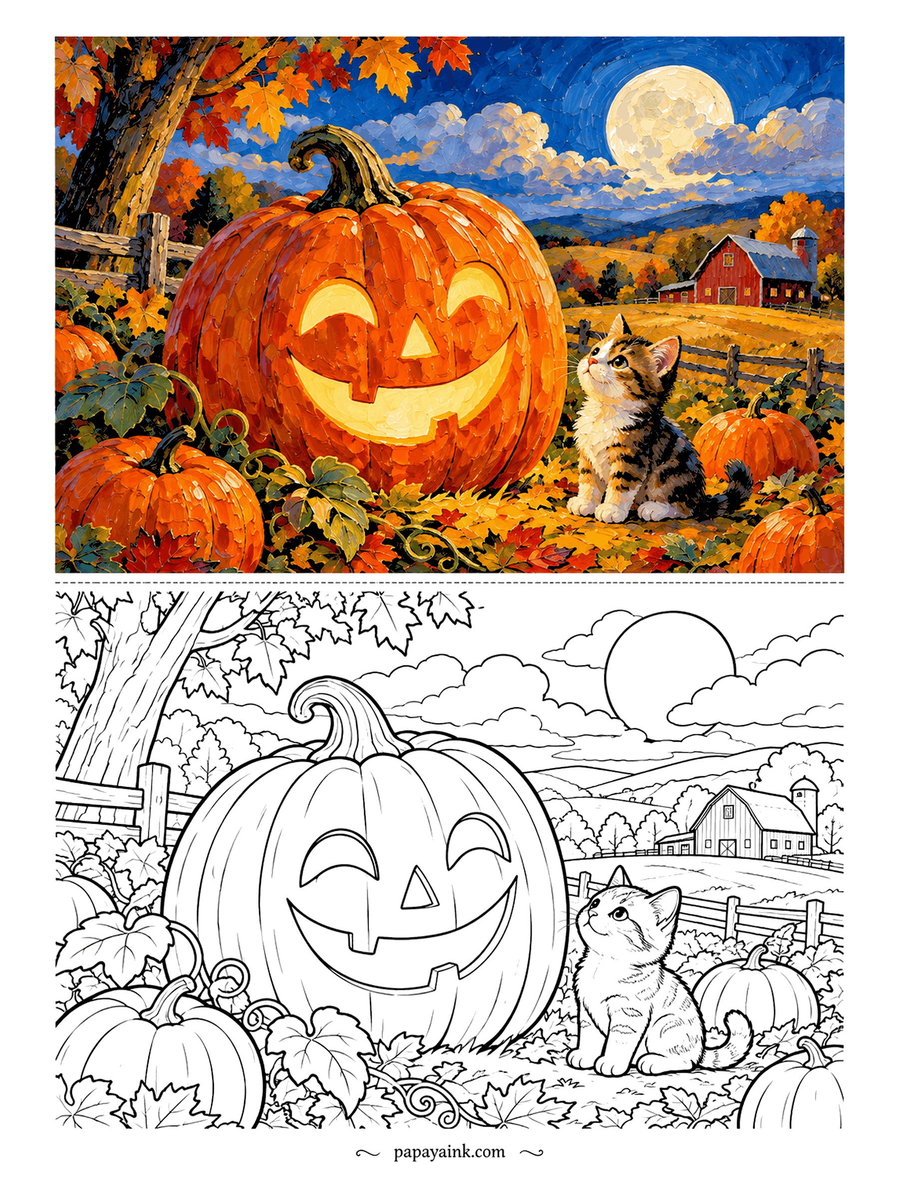 Pumpkin Coloring Pages - The tabby kitten has never seen a pumpkin this size and is not sure it approves. Thick oil brushwork covers the patch, the fence, the red barn and the harvest moon behind. Detailed - layer colors heavily.
