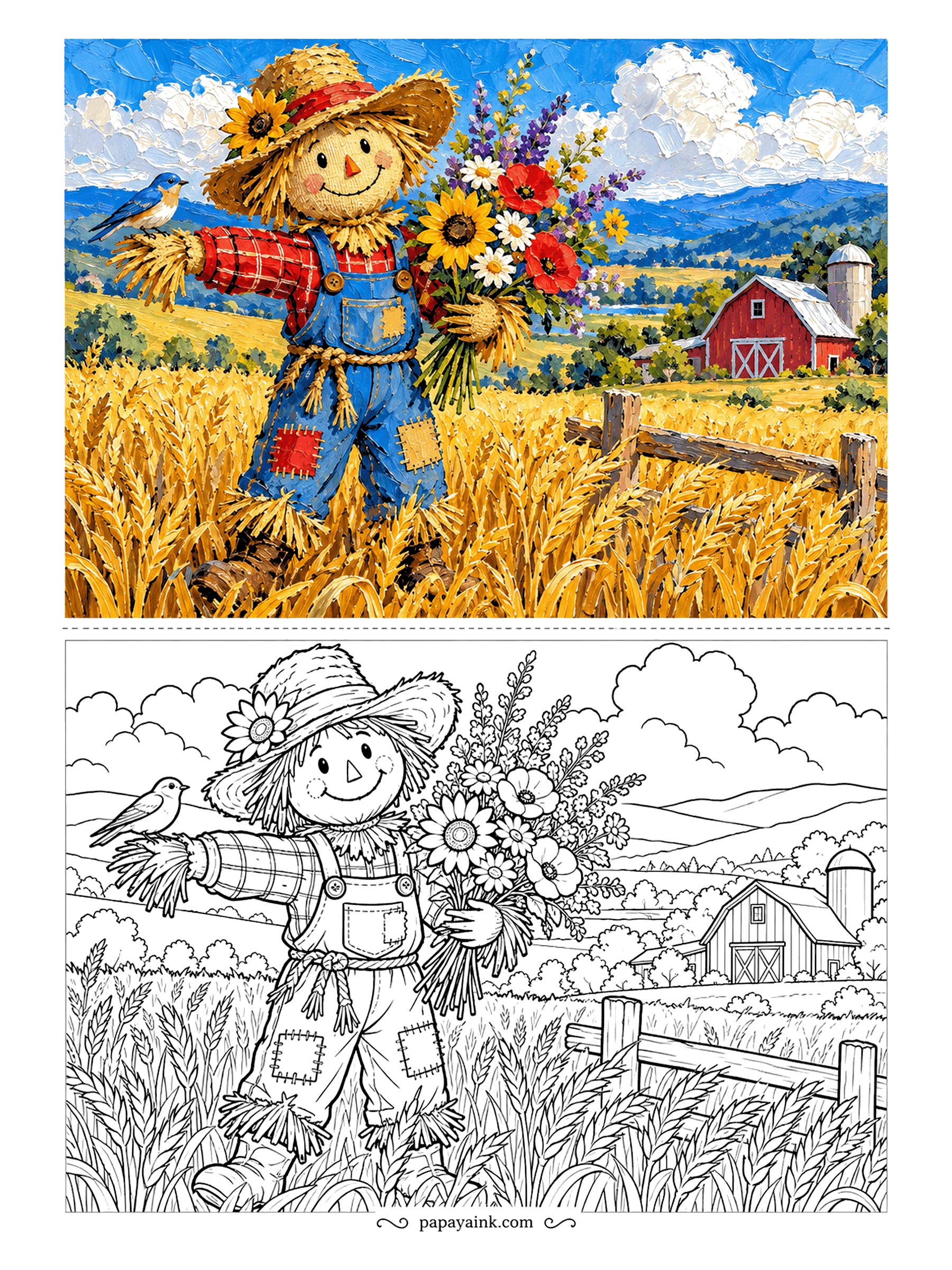 Scarecrow Coloring Pages - Palette-knife oil paint piles up thick on the wheat and the sky. The scarecrow carries a bouquet of sunflowers, poppies, daisies and purple spires, a bluebird along for the ride and a barn tucked into the valley. Detailed - layer hard for the painted look.