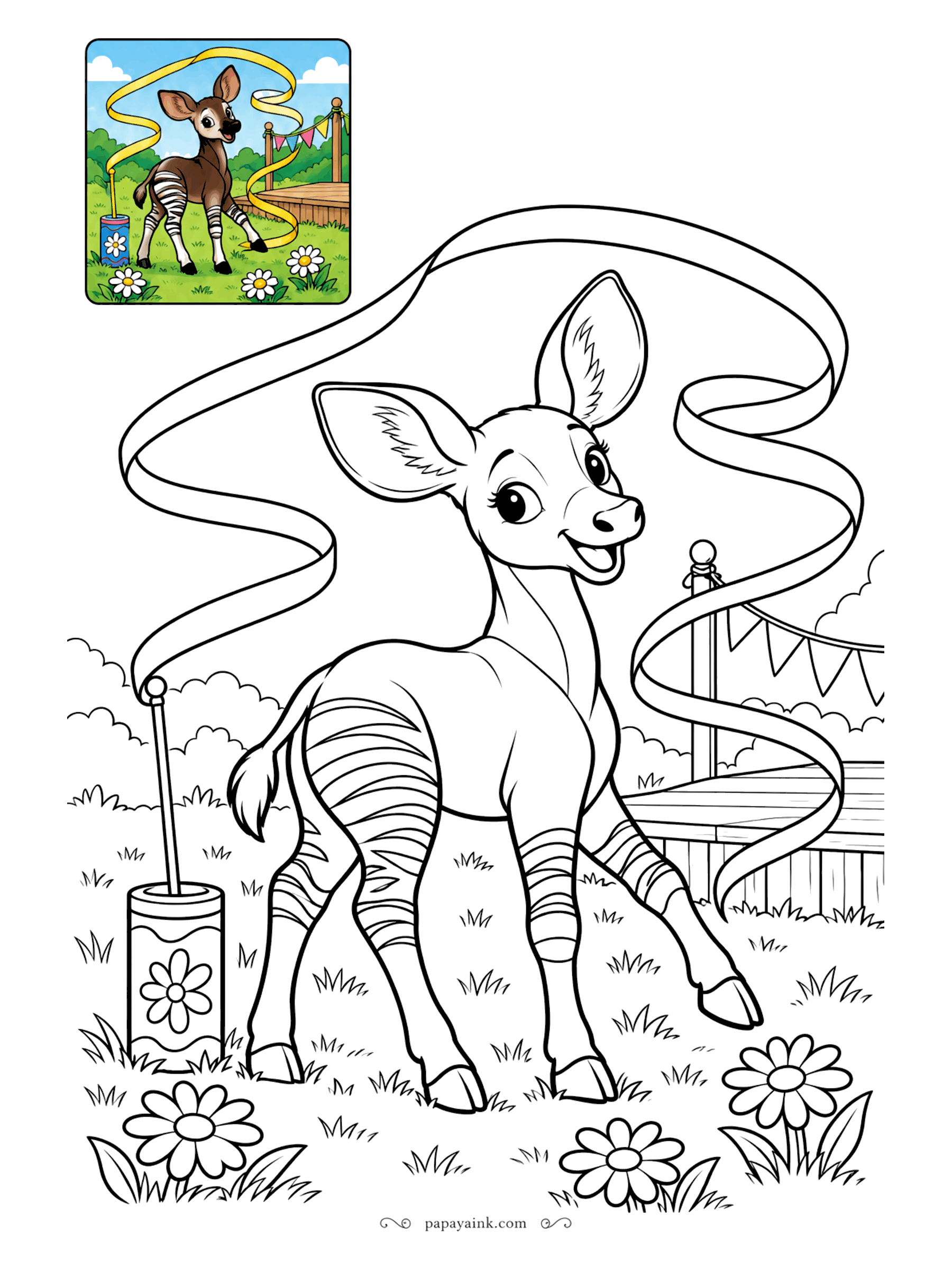 Color Guide Coloring Pages - Okapis wear zebra stripes on their legs, yet their closest living relative is the giraffe. Here it dances in a meadow, twirling a long ribbon on a stick, bunting strung behind. Chocolate-brown body, cream-and-brown striped legs.