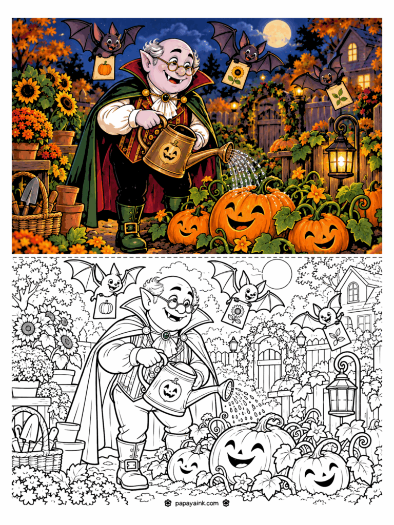 Vampire Coloring Pages - A cheerful old vampire in a green-lined cape waters a patch of grinning jack-o-lanterns with a brass watering can while three bats hover overhead holding seed packets. Sunflowers, clay pots and a glowing lantern fill the night garden. Detailed.