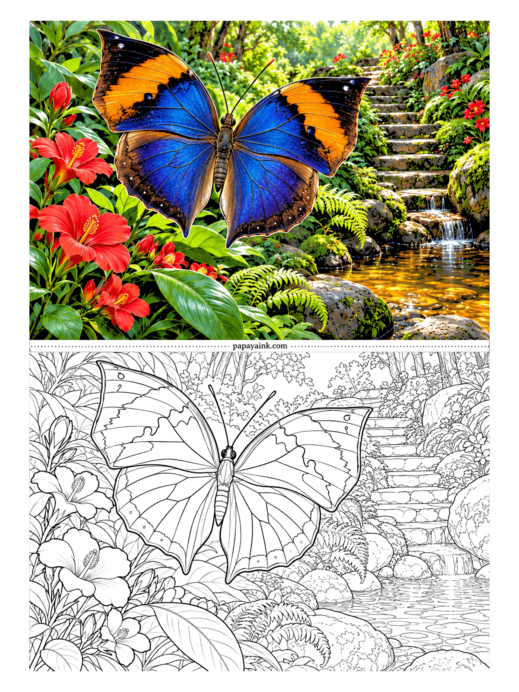 Butterfly Coloring Pages - Wings open, the orange oakleaf is deep blue and violet with an orange band; wings closed, it is a dead leaf, which is the whole joke of this species. Here it rests among red hibiscus beside mossy garden steps and a trickle of water. Detailed.