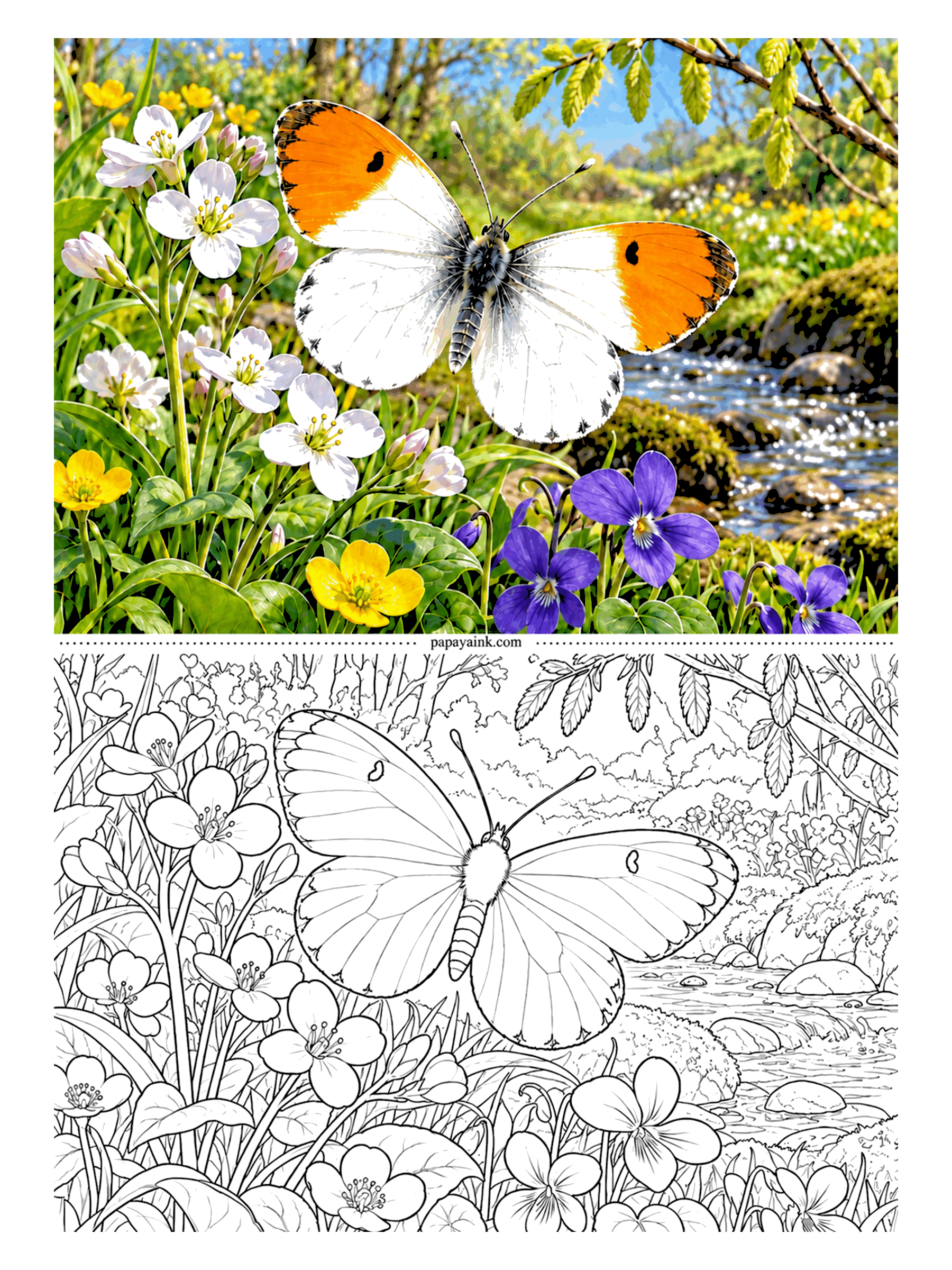 Butterfly Coloring Pages - Early spring by a brook: an orange-tip among cuckoo flowers, buttercups and violets. Only the male wears the orange tips, and they are the one strong color on a white butterfly - the rest is spring pastels and fresh green.