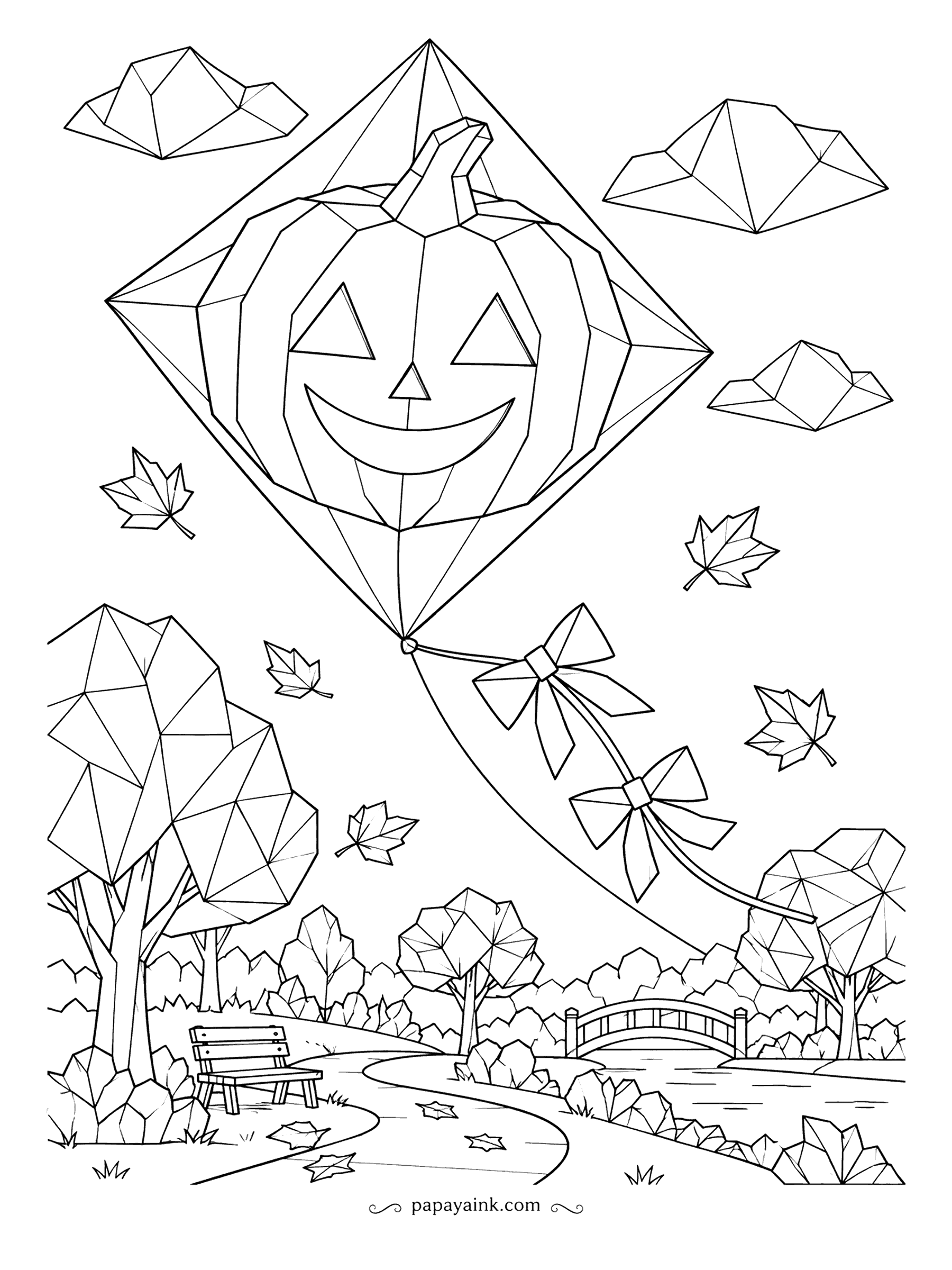 Pumpkin Coloring Pages - Folded into a diamond and tied to a ribbon tail, the jack-o'-lantern kite soars above a park of origami trees, a footbridge and an empty bench. Leaves blow along in the same wind. Clean straight lines throughout.