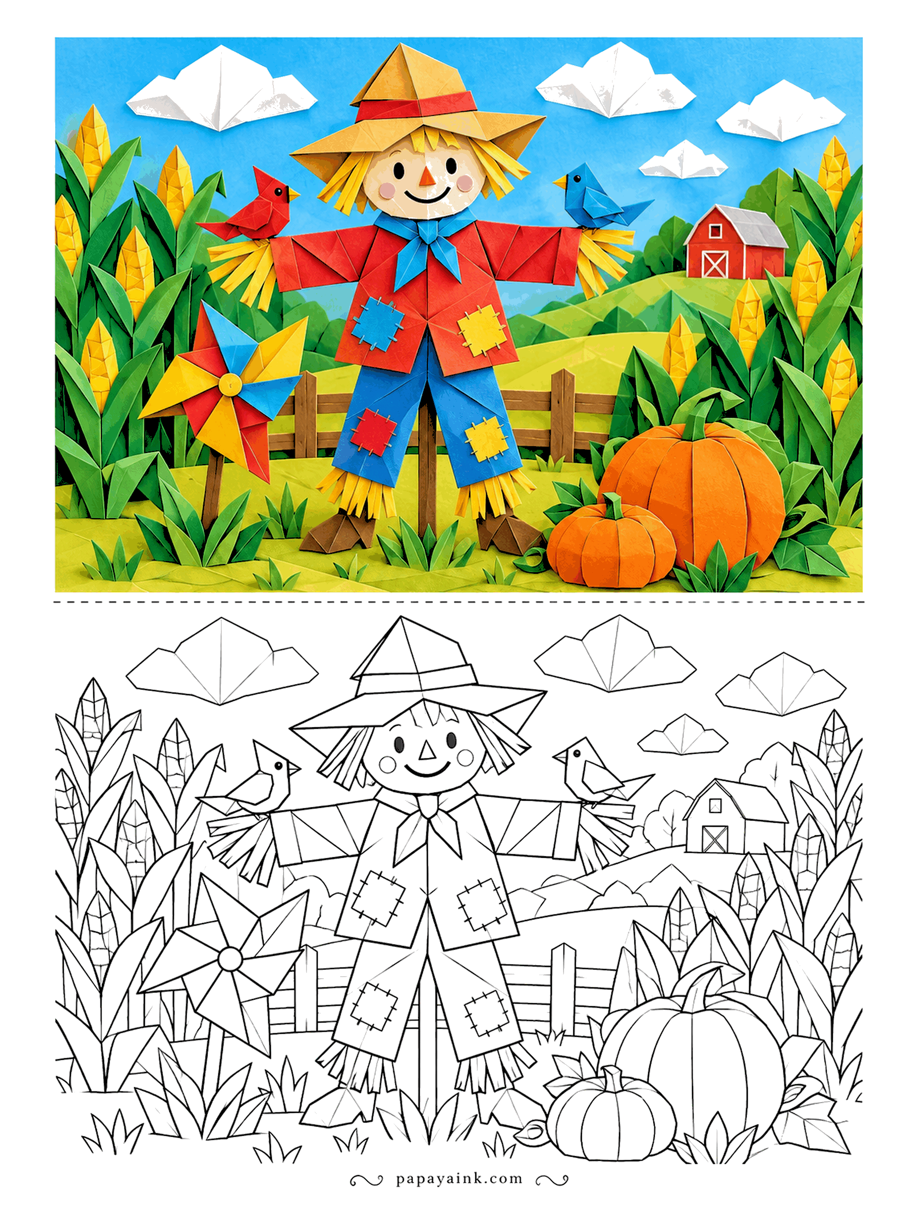 Scarecrow Coloring Pages - Folded, not sewn. This origami scarecrow stands in a cornfield of paper stalks with a pinwheel at his side, a cardinal and a bluebird perched on his sleeves and folded clouds overhead. Crisp straight lines, quick to finish.