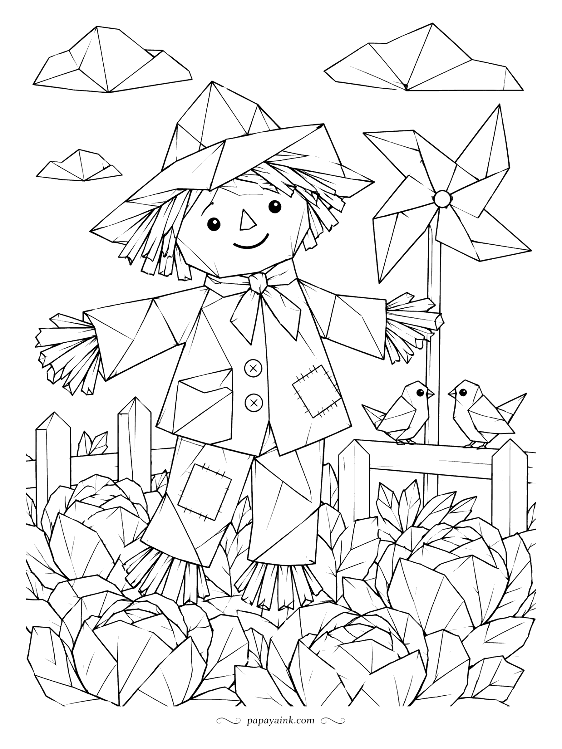 Scarecrow Coloring Pages - Sharp creases and flat paper planes make up an origami scarecrow, folded clouds and a pinwheel spinning beside him. Two paper birds sit on the fence. Large simple areas - the quickest page in the set.