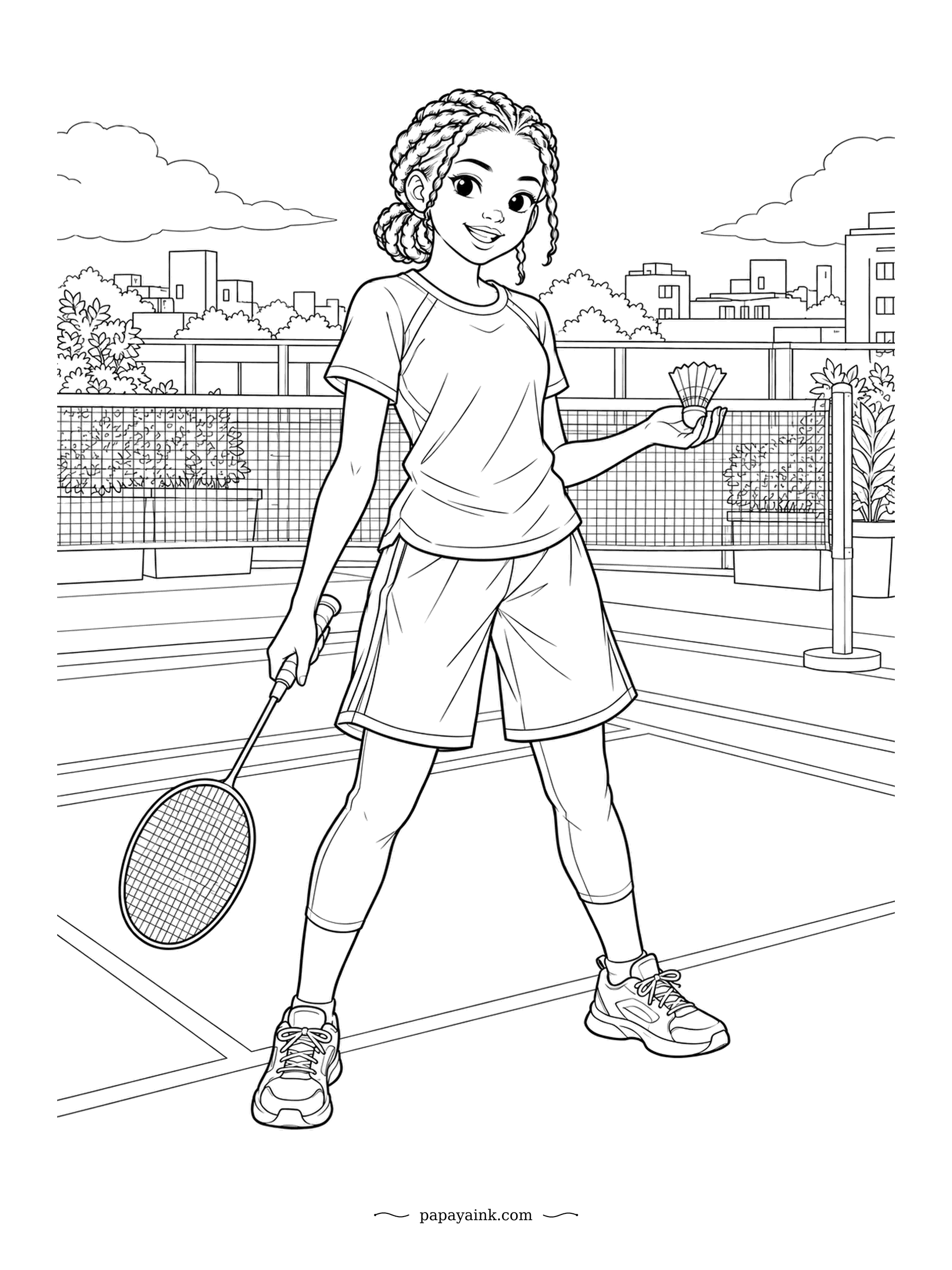 Anime Girl Coloring Pages - Match point on a rooftop court high above the city, and she is ready to serve with box braids pulled back. A smashed shuttlecock can leave the racket faster than any ball in sport. Bright sporty colors suit this one.