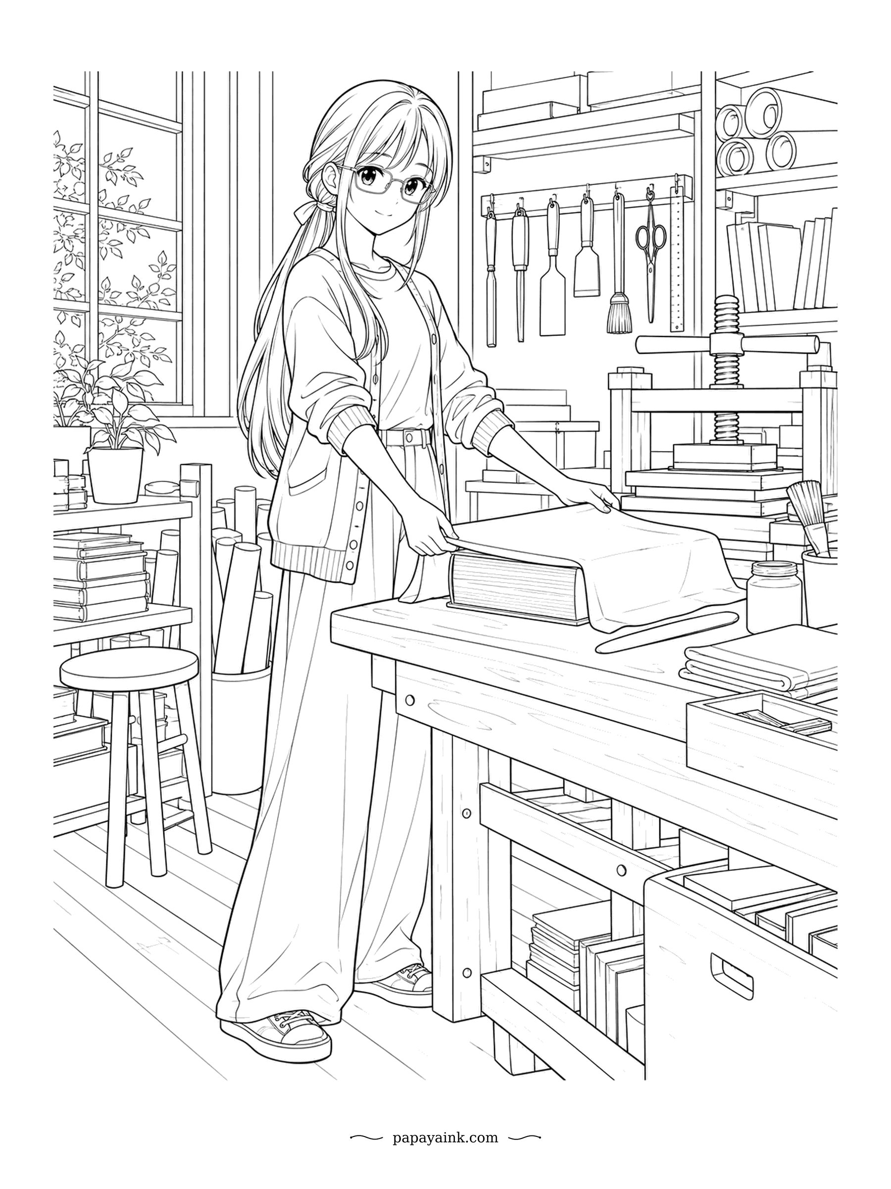 Anime Girl Coloring Pages - Fresh cloth wraps a hardback cover as the bookbinder smooths every crease by hand. A heavy screw press and a rack of tools wait on the wall. Paper rolls, stacked books and a leafy window crowd the bindery.