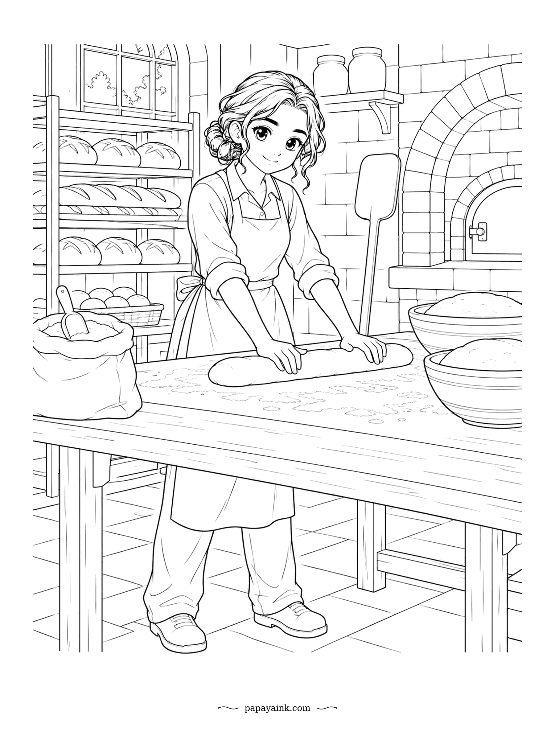 Anime Girl Coloring Pages - The dough has proved, the brick oven is hot, and the young baker rolls one more long loaf on the floured table. Finished bread lines the racks and a sack of flour leans on the bench. Warm golden crusts and terracotta brick.
