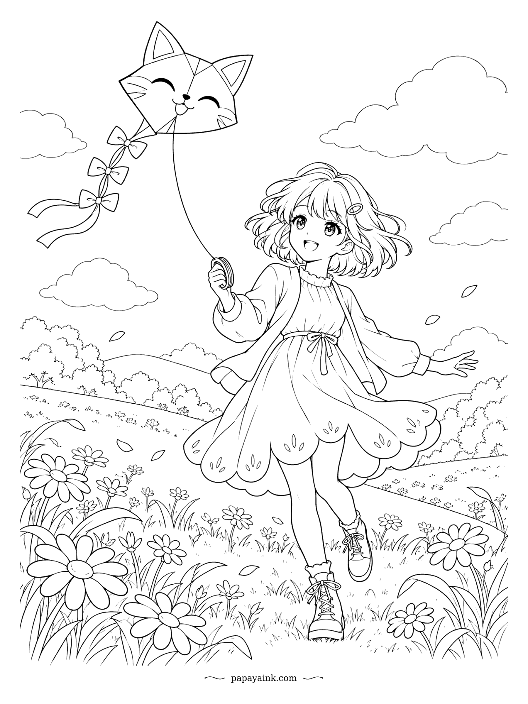 Anime Girl Coloring Pages - A kite shaped like a grinning cat climbs above the meadow, bow tail fluttering, as she runs through the daisies with the spool held high. Petals swirl in the breeze over soft rolling hills. Big flowers and open sky make an easy, cheerful page.