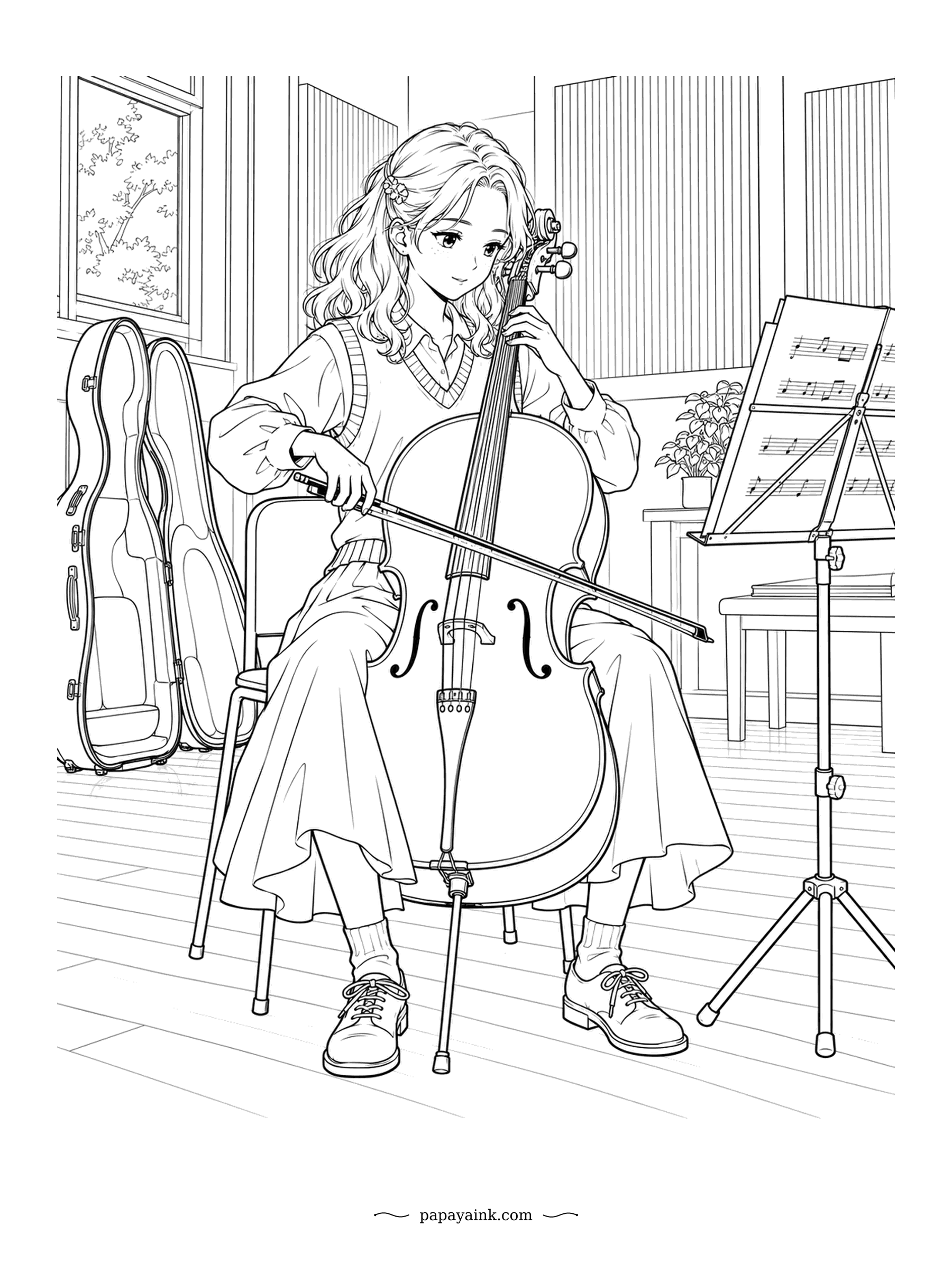 Anime Girl Coloring Pages - Long, slow bow strokes fill the rehearsal room as the cellist plays from the music stand. The open case leans against the wall beside her chair. Warm varnish brown for the instrument, soft knitwear for the musician.