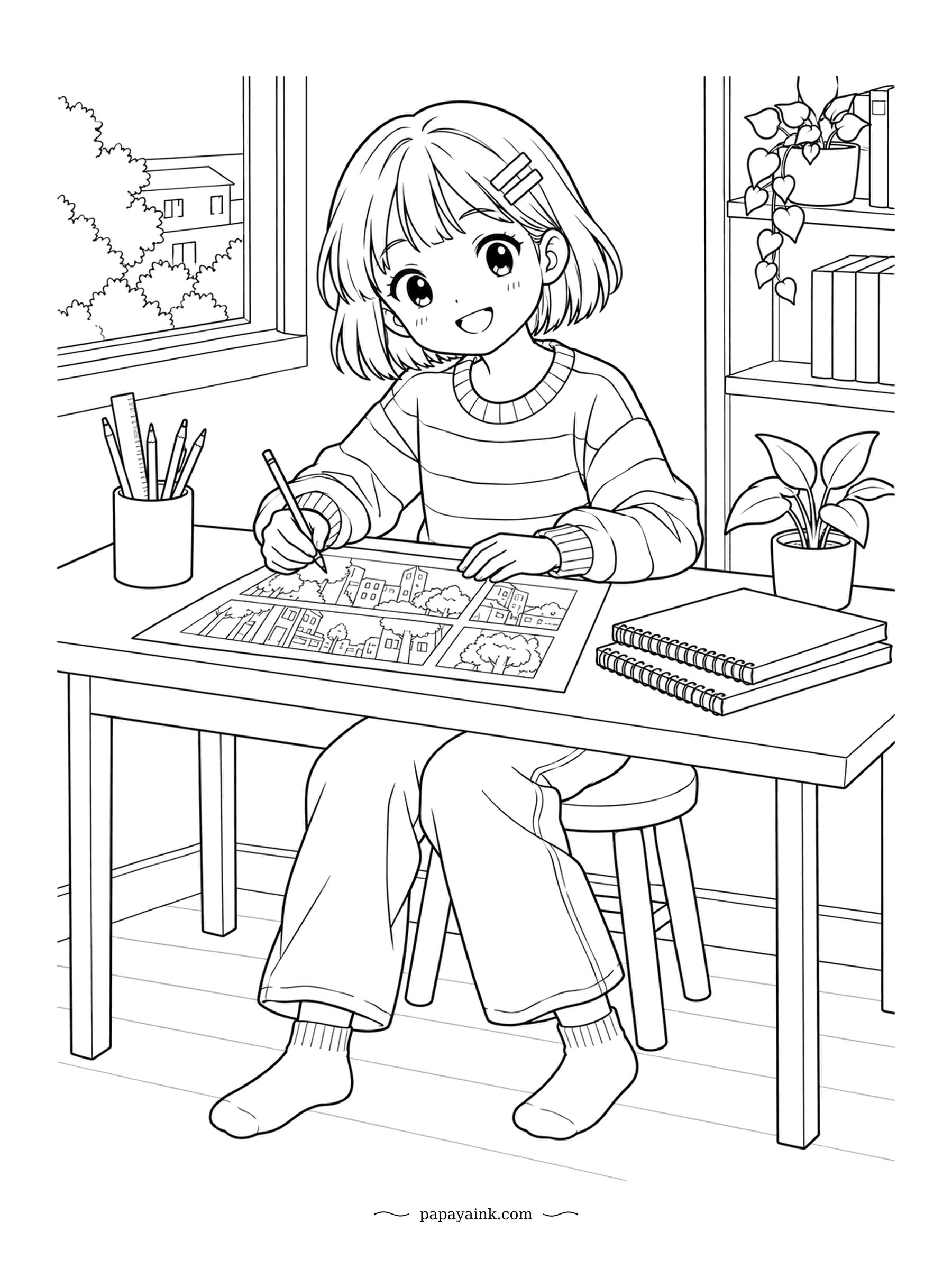 Anime Girl Coloring Pages - Grinning over her drawing desk, a young artist pencils a city scene panel by panel. Notebooks are stacked within reach and a plant sits on the shelf. Big clean shapes - one of the easier pages here.