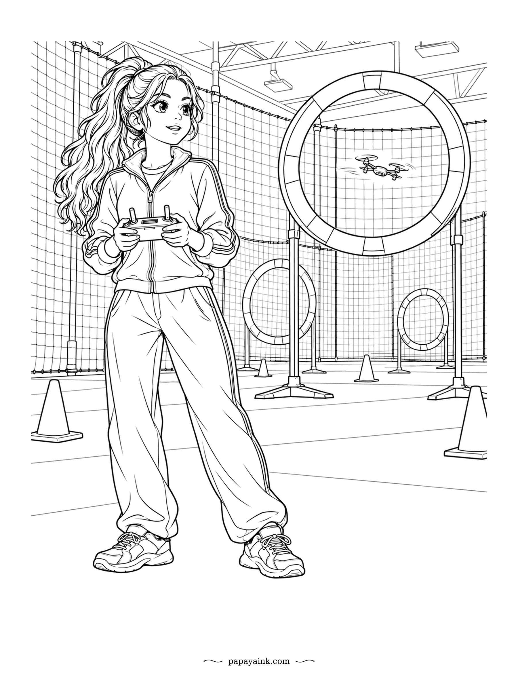 Anime Girl Coloring Pages - Thumbs on the sticks, eyes on the gate: the pilot threads a tiny drone through a hoop in the netted arena. Racing drones can reach highway speeds. Traffic cones, gates and a tracksuit to color.