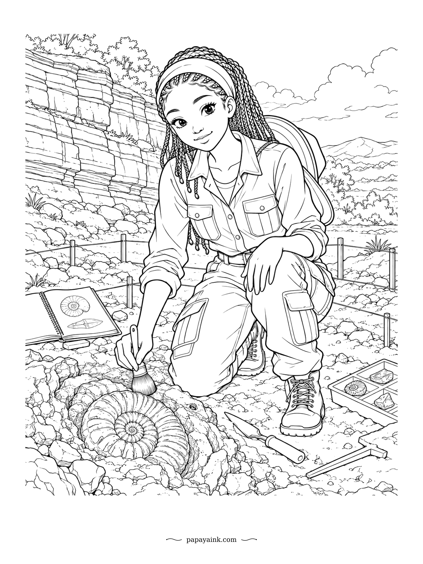 Anime Girl Coloring Pages - Dust comes away under the brush to reveal a giant spiral ammonite at the dig site. Ammonites swam the oceans for hundreds of millions of years, and her sketchbook and specimen tray lie close by. Detailed - layered cliffs and rocky ground.