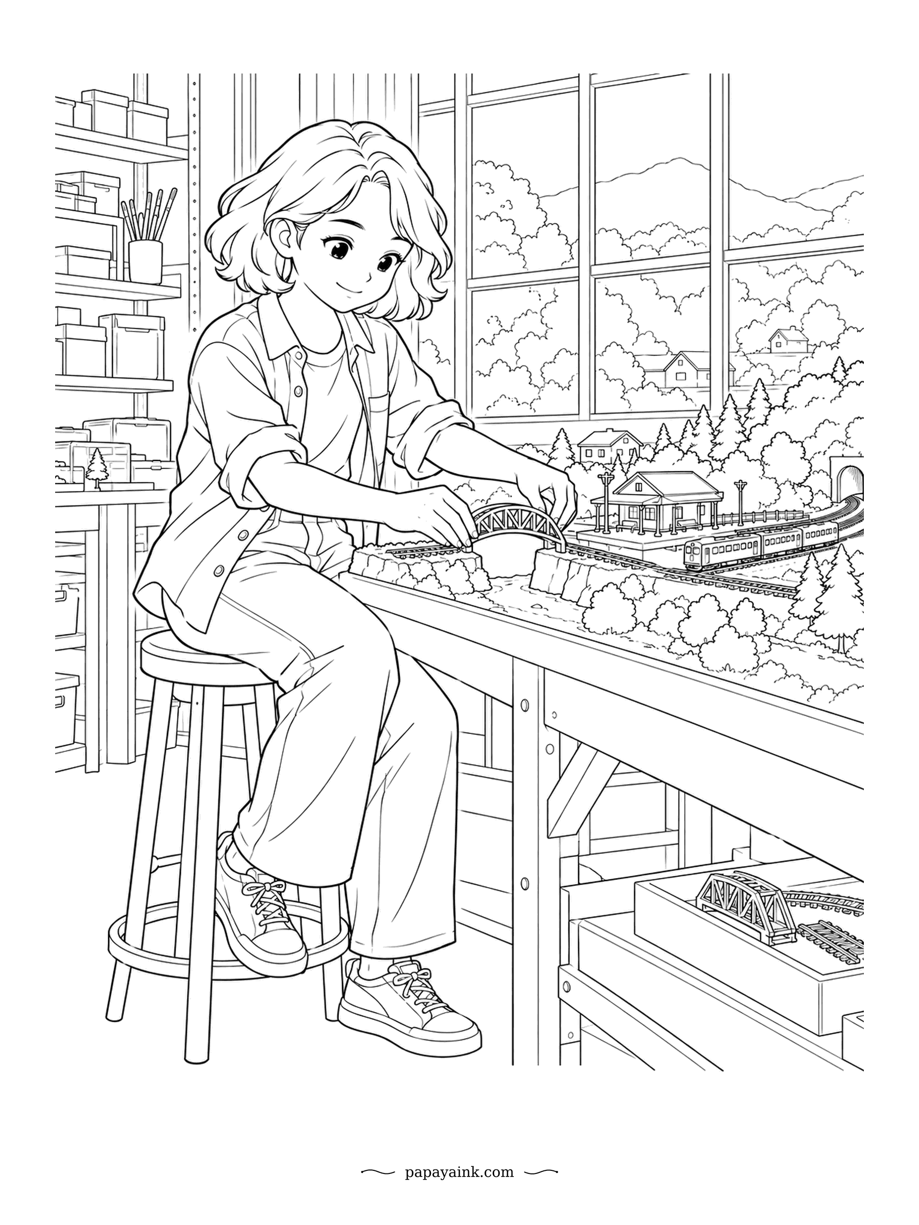 Anime Girl Coloring Pages - One tiny bridge is all the model railway still needs, and she sets it into place from a tall stool. A station, tunnel and train are already built. Track, trees and a box of spare parts complete the workshop.