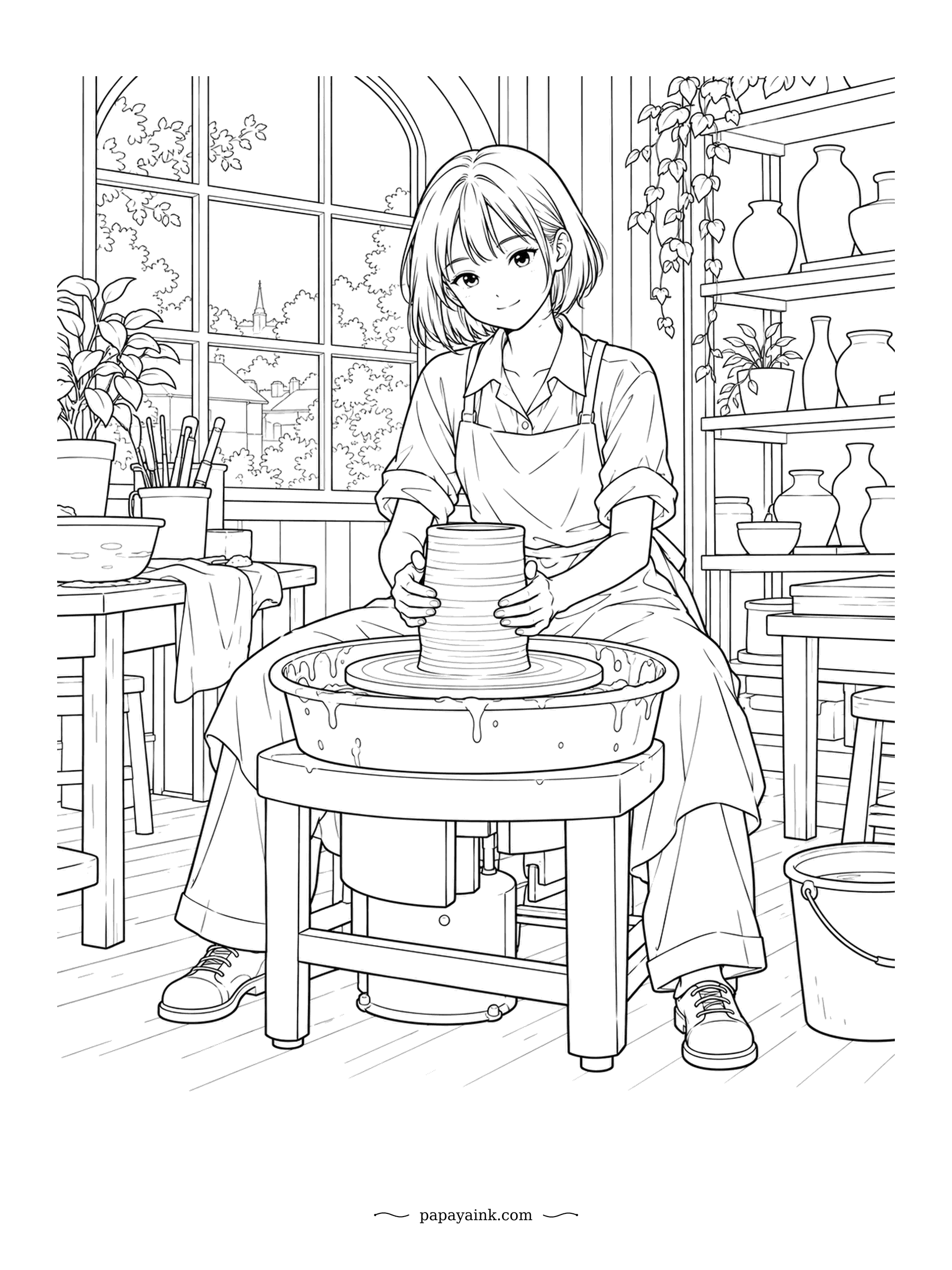 Anime Girl Coloring Pages - Wet clay rises into a cylinder between her palms as the wheel spins. Finished vases line the walls of the bright studio. Earthy browns and soft greys, with leafy plants by the windows.