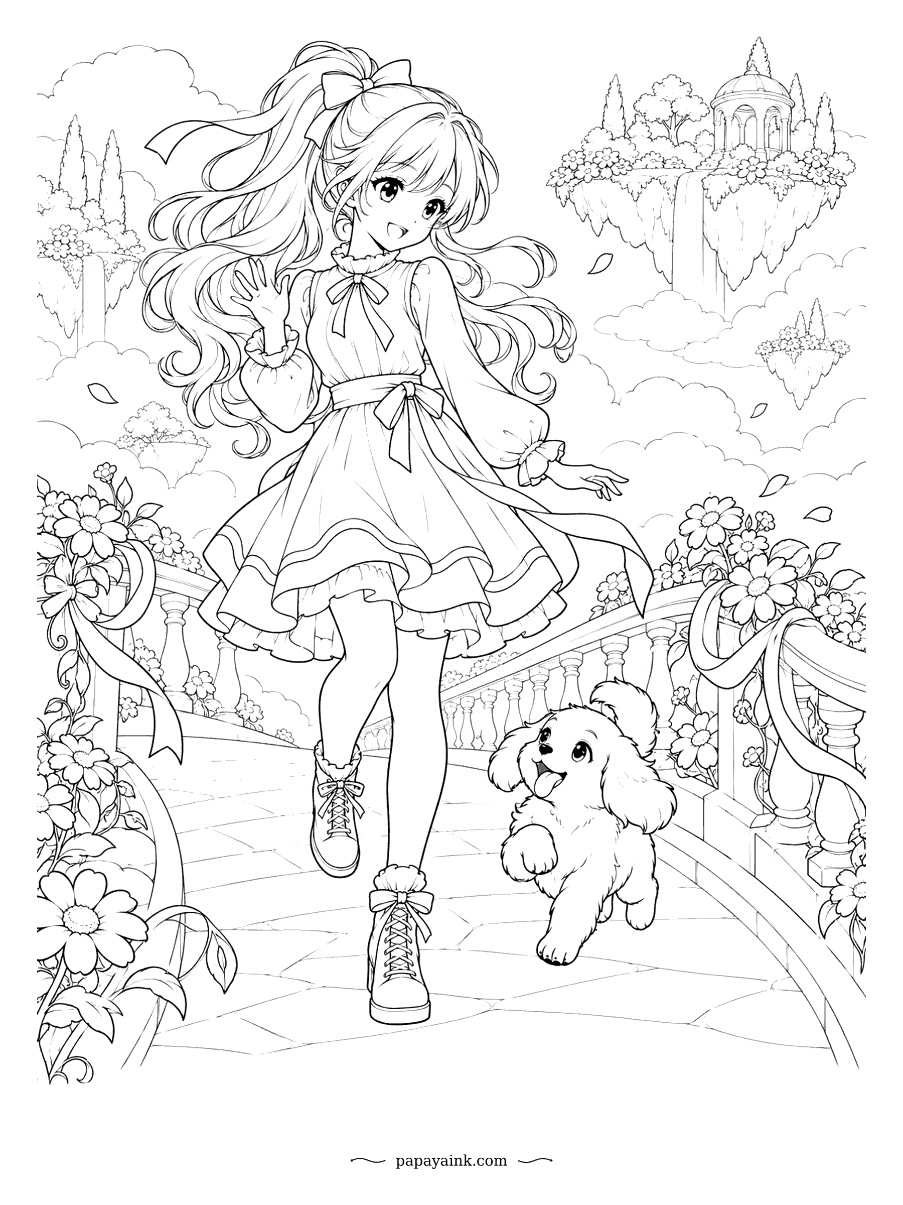 Anime Girl Coloring Pages - Petals blow past a stone bridge in the clouds as she waves hello, and a fluffy puppy bounds along beside her, tongue out. Floating islands drift overhead, one with a waterfall and a tiny gazebo. Ribbons, flowers and balustrades fill every corner.