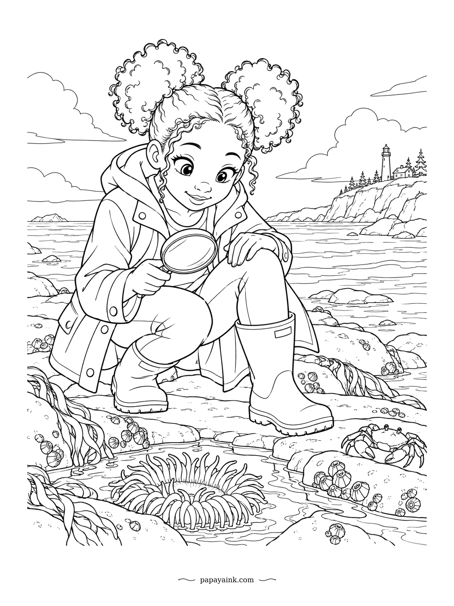 Anime Girl Coloring Pages - Under the magnifying glass, a sea anemone opens its tentacles in a rocky tide pool. A crab scuttles over barnacles nearby. Rain boots, a lighthouse on the cliff and plenty of sea to color.
