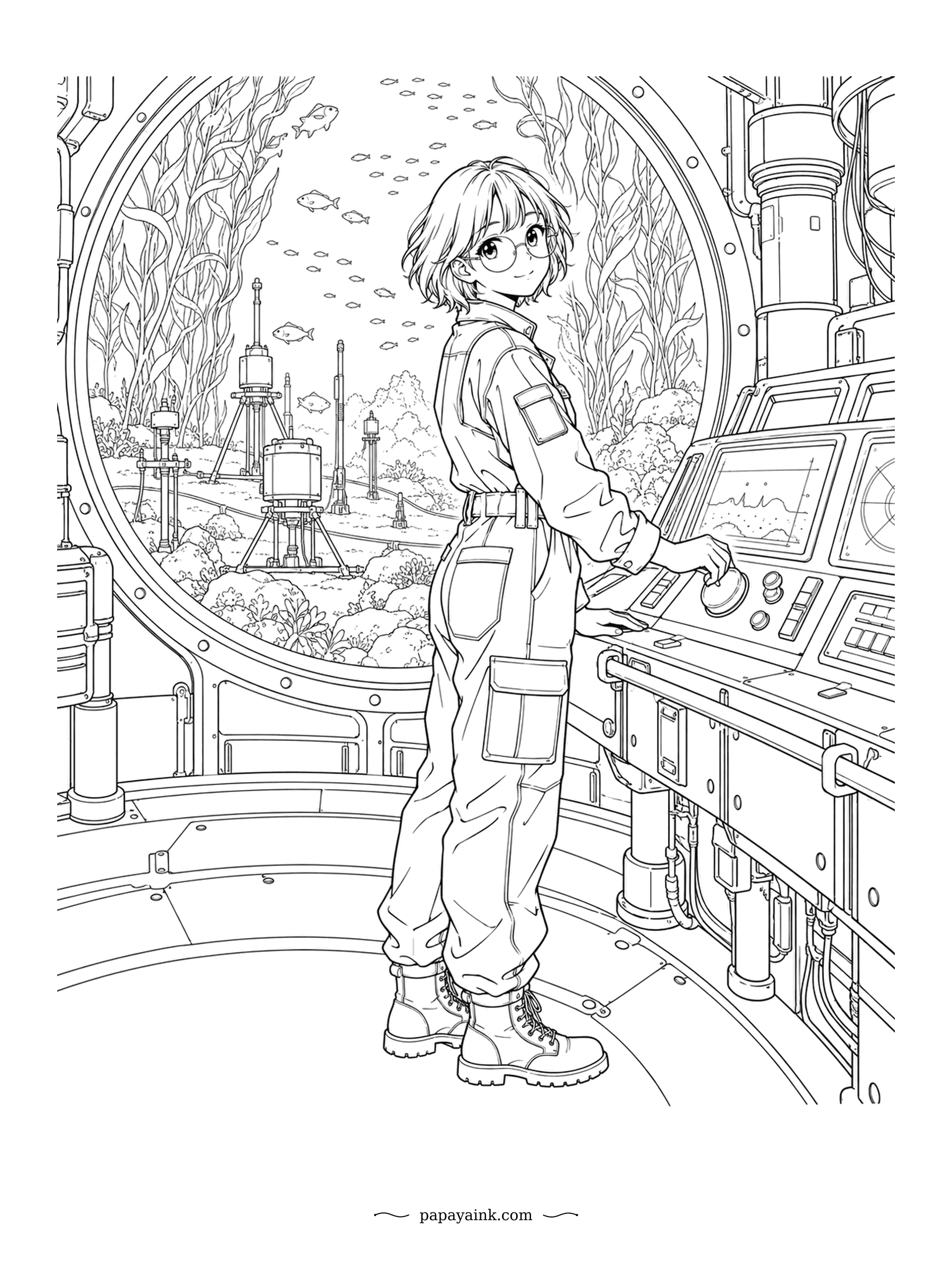 Anime Girl Coloring Pages - Fish drift past research instruments on the seabed, seen through the huge porthole of an underwater station. The technician adjusts a dial on the panel. Detailed - pipes, screens and kelp forest.