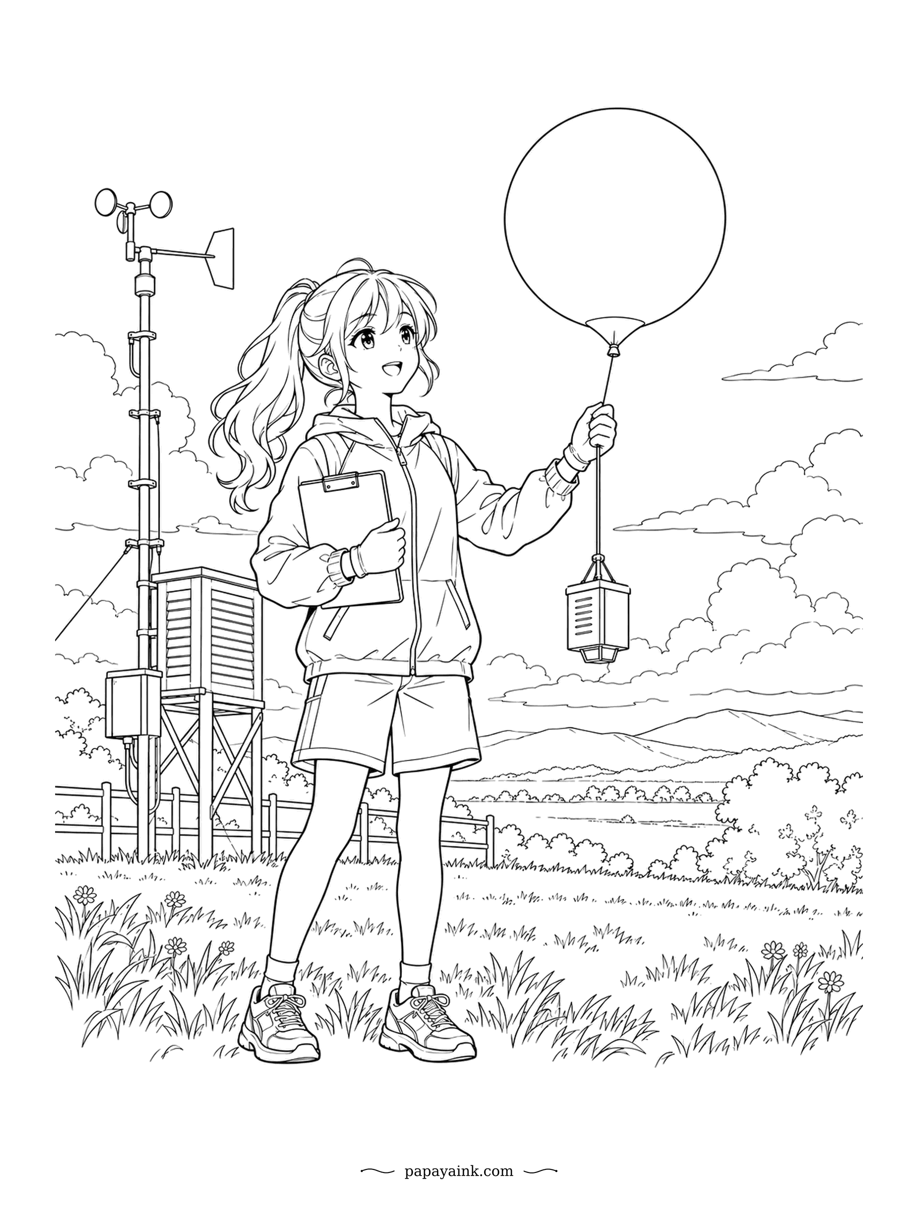 Anime Girl Coloring Pages - Let go, and this weather balloon will climb many miles before it bursts, radioing data all the way. Clipboard ready, she watches it rise past the station and wind vane on the hill.