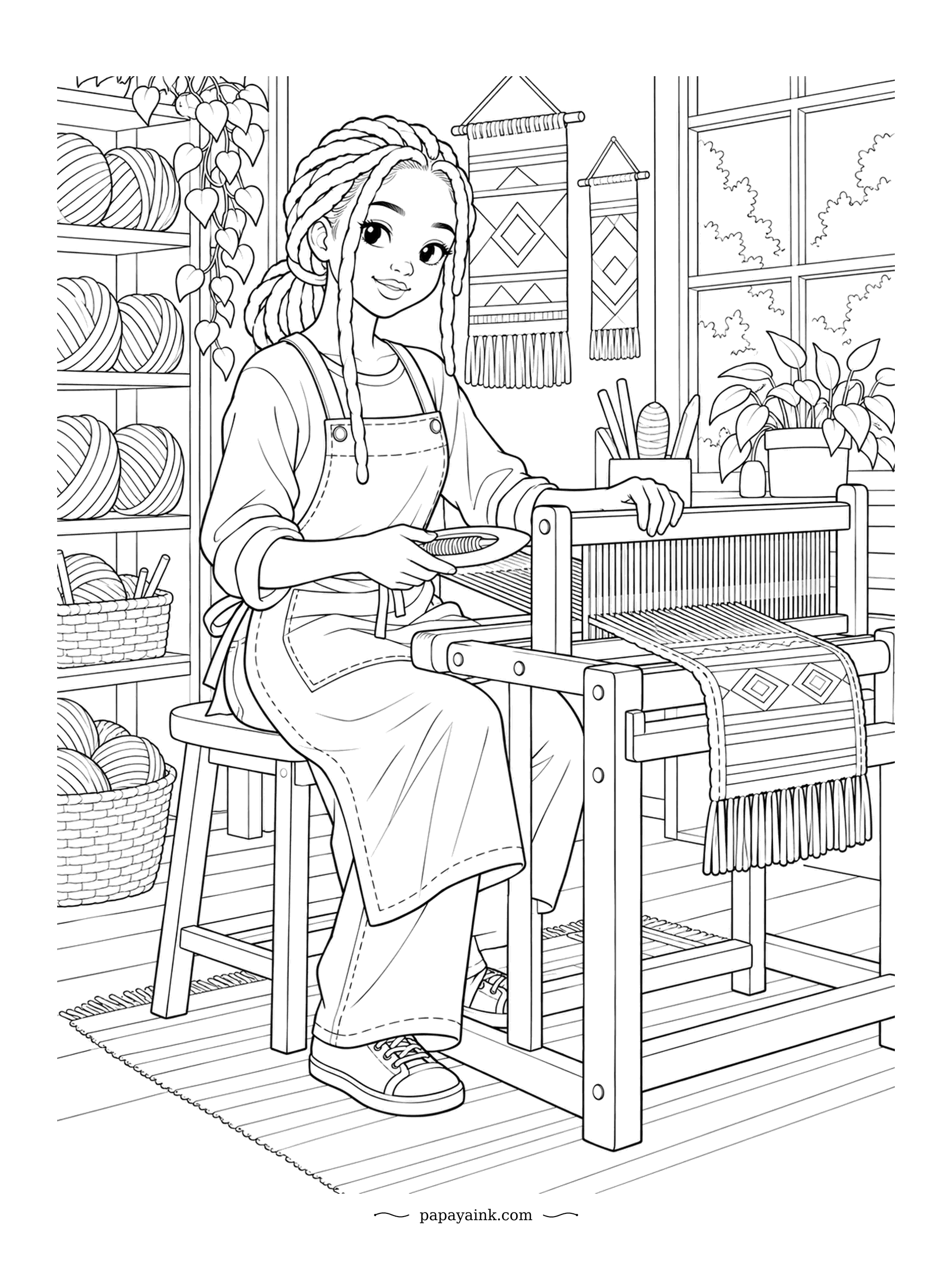 Anime Girl Coloring Pages - Back and forth goes the shuttle through the warp threads of a wooden loom. Yarn fills the cubbies and woven hangings decorate the wall. Geometric patterns to fill in rich colors.