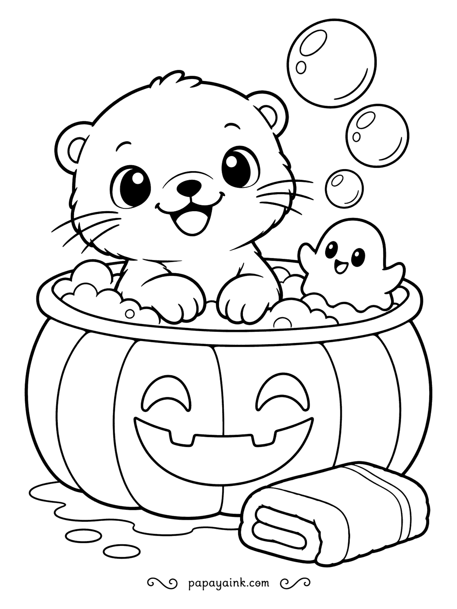 Easy Cute Halloween Coloring Pages - Bubble bath in a jack-o-lantern tub. The otter sits in the foam with a rubber ghost for company, bubbles drifting up, a rolled towel waiting on the floor. Soap bubbles look best left white with a thin blue rim.