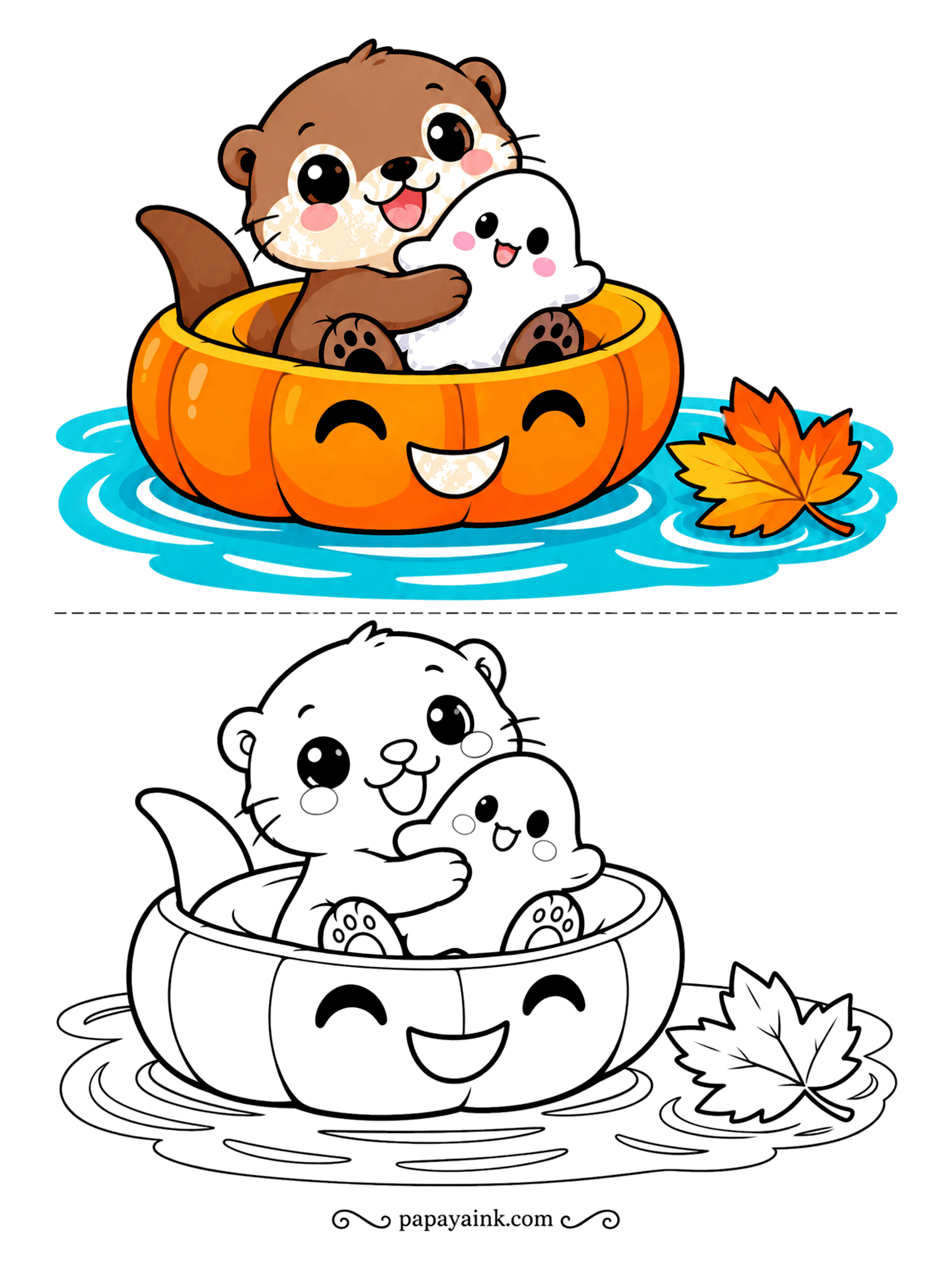 Easy Cute Halloween Coloring Pages - A pumpkin makes a fine boat when you are an otter. He paddles across the pond with a ghost held tight in his paws and a maple leaf sailing past. Ripples around the hull are an easy place to try two blues.