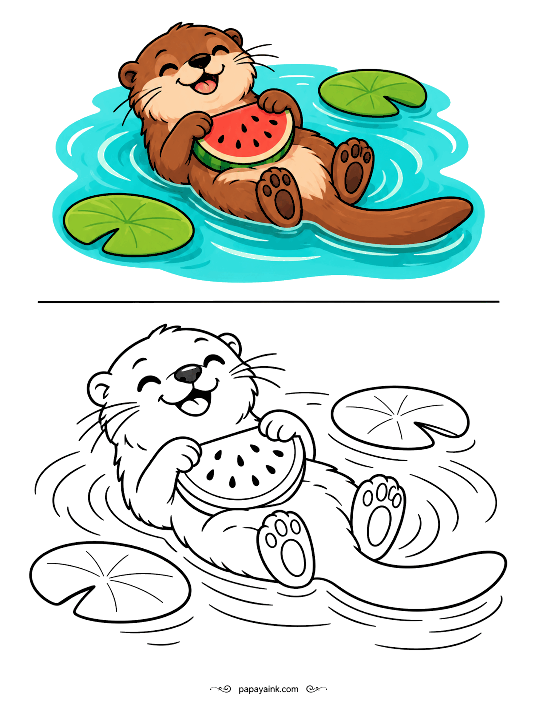 Copy Coloring Pages - Lunch, served on the belly. The otter floats on its back with a slice of watermelon while lily pads drift past - sea otters really do use their stomachs as a table. Keep the water light so the fur stands out.