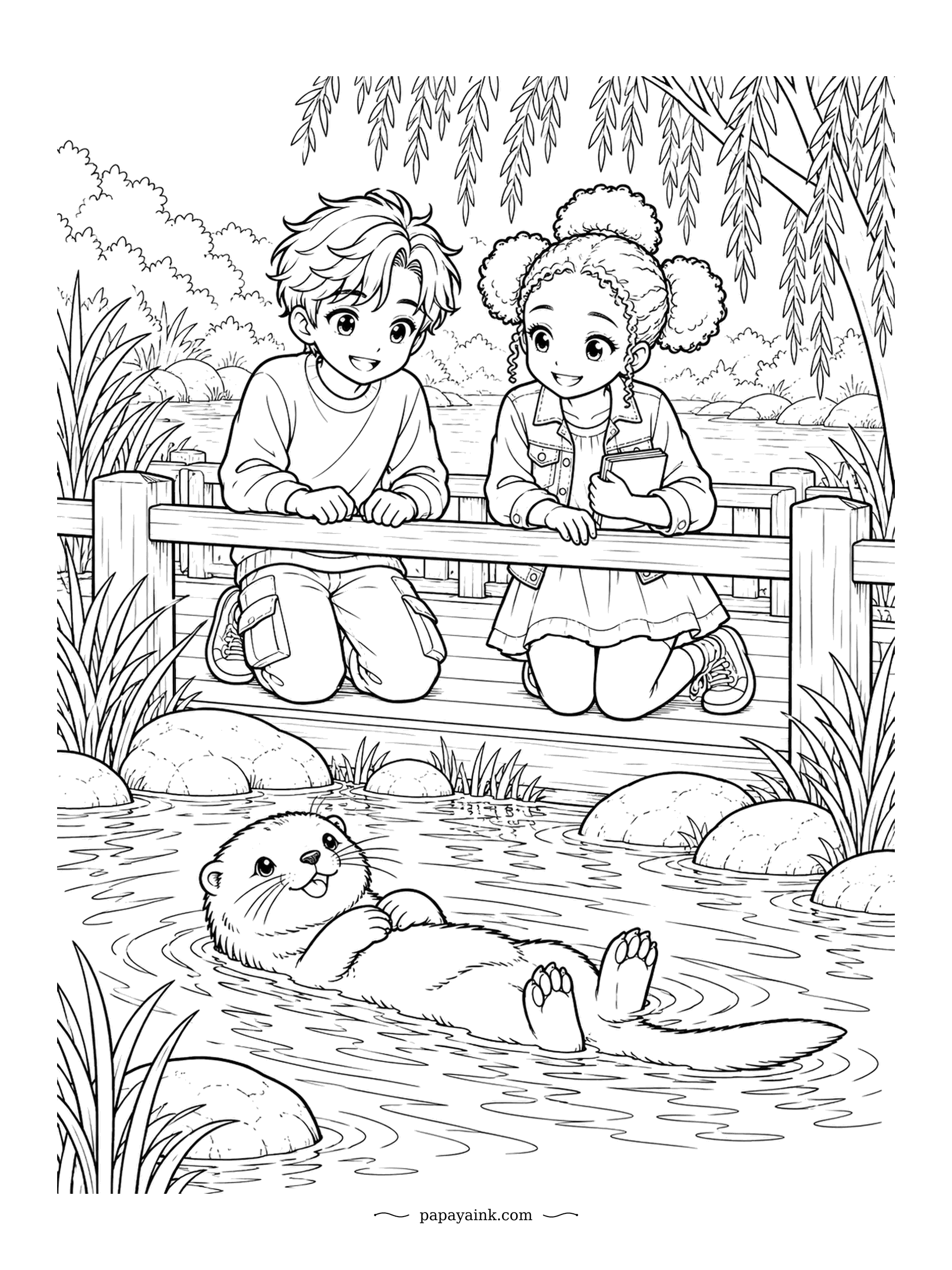 Cute Anime Coloring Pages - Leaning on a wooden footbridge, the pair watch an otter float by on its back, paws folded on its belly. River otters can close their ears and nostrils underwater. Willows and smooth river rocks frame the scene.