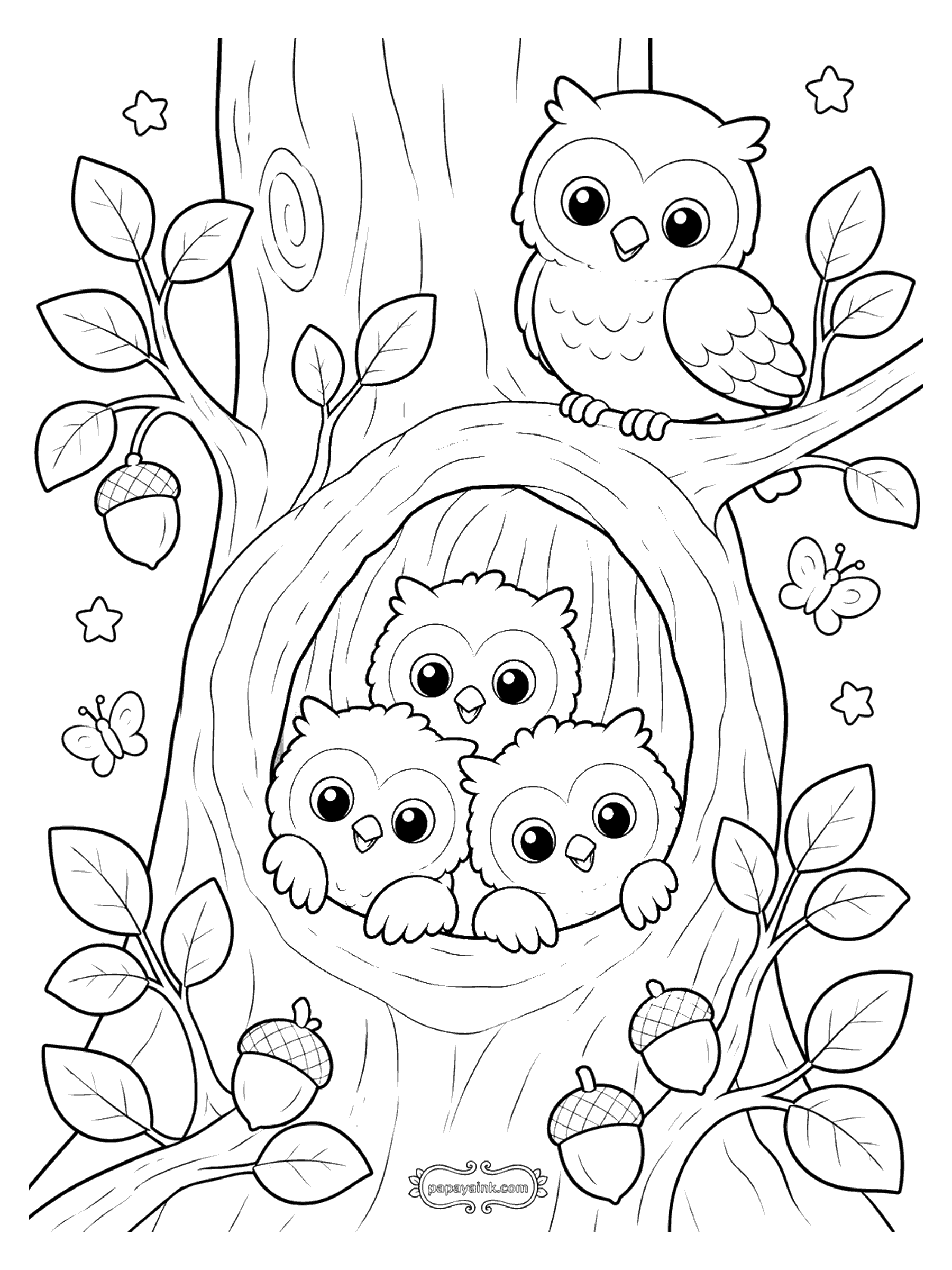 Bird Coloring Pages - Owl Family in a Tree Hollow