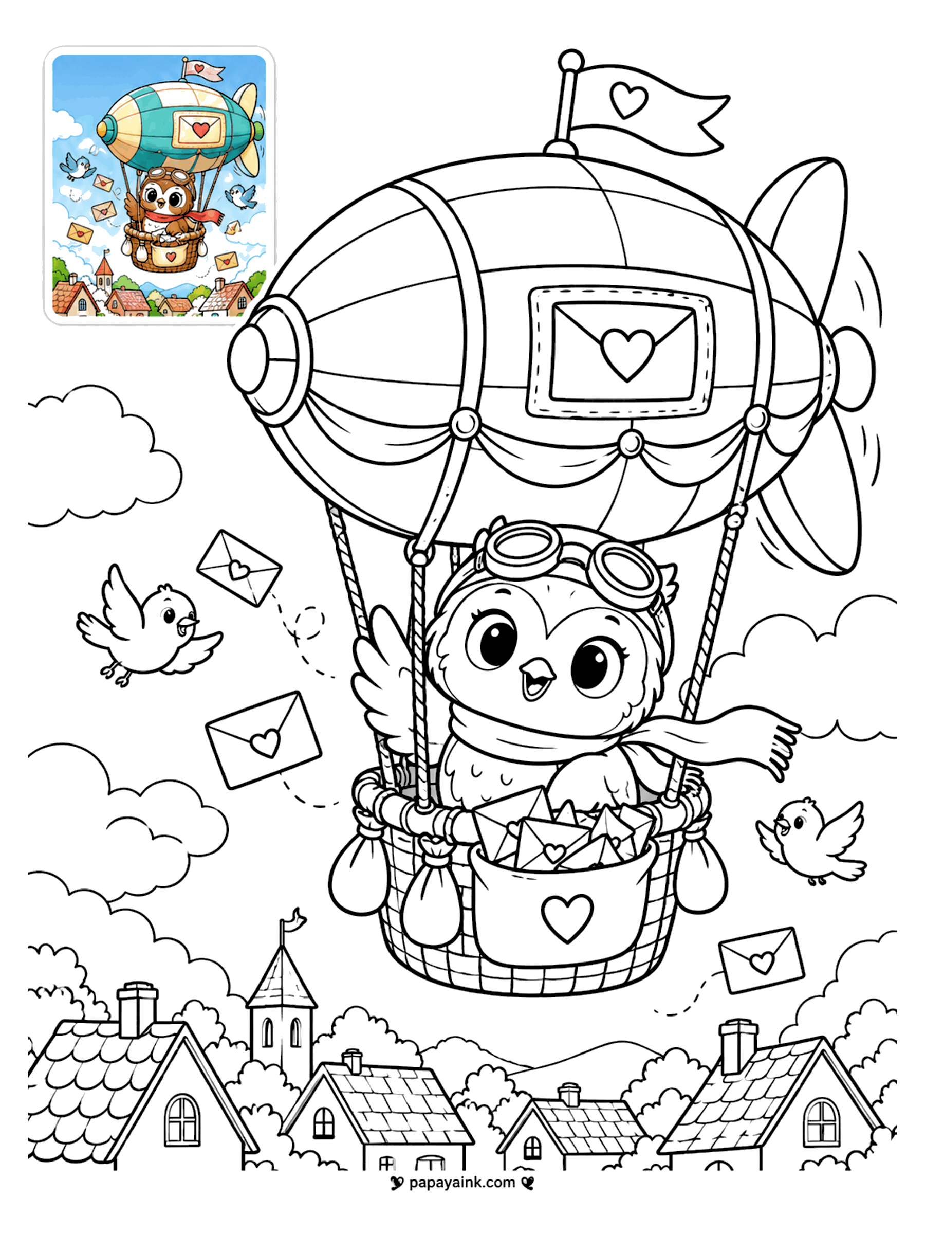 Color Guide Coloring Pages - Color guide coloring page of an owl pilot in goggles flying an airship over a village and delivering love letters (Detailed)