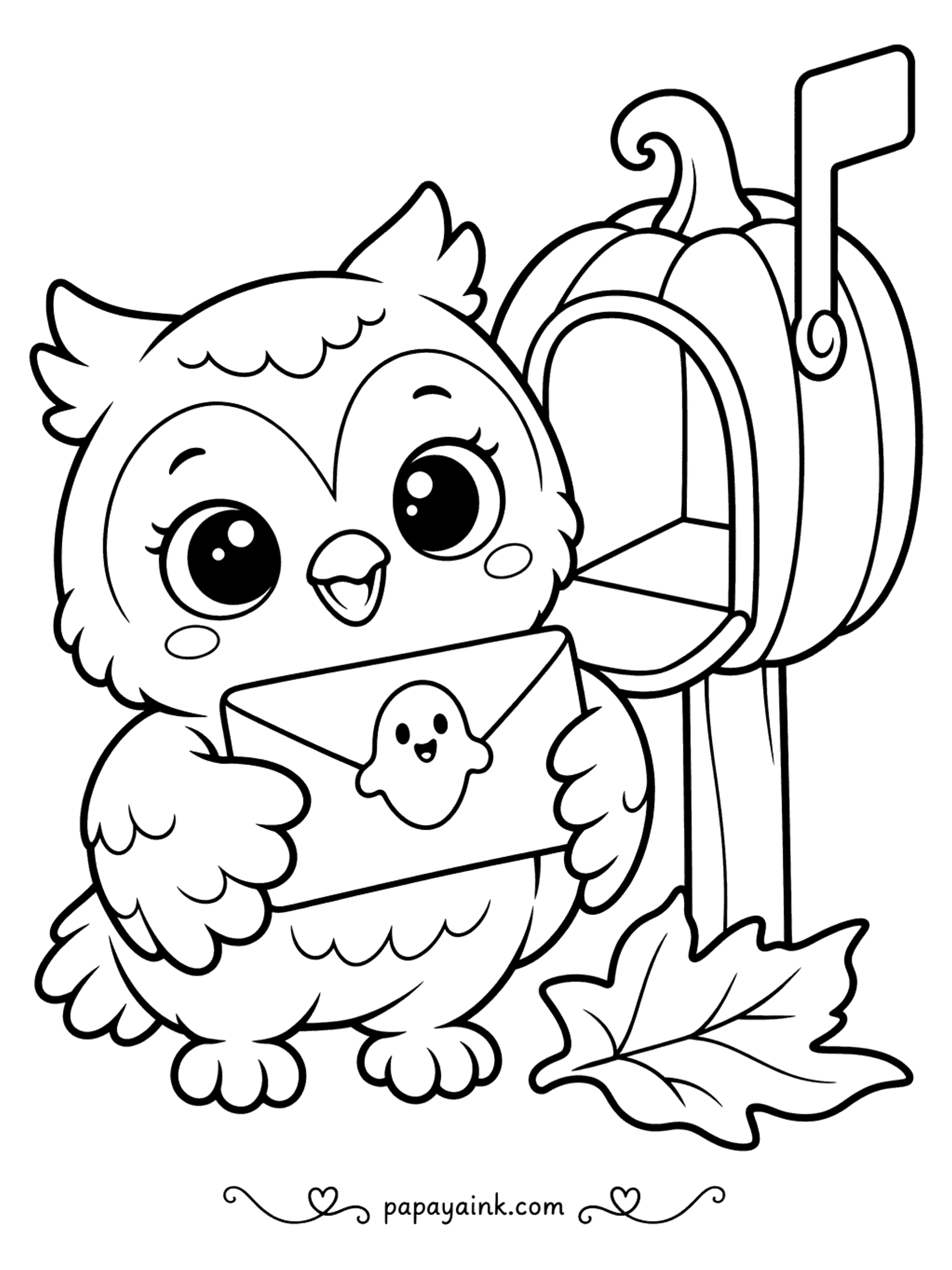 Easy Cute Halloween Coloring Pages - Mail call: the owl has pulled a ghost-stamped envelope from a pumpkin-shaped mailbox with its flag up, a leaf resting at the post. Feather rows on the chest and wings reward a second shade of brown.
