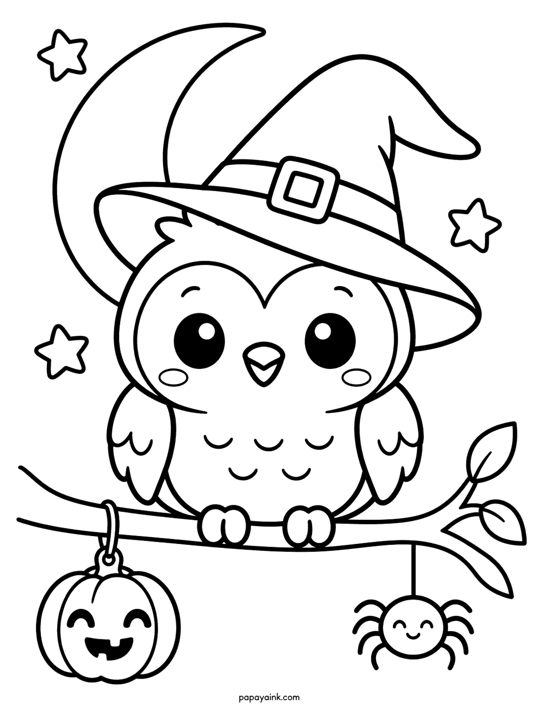 Easy Cute Halloween Coloring Pages - Baby owl in a witch hat sitting on a branch with a pumpkin lantern, a smiling spider and a crescent moon