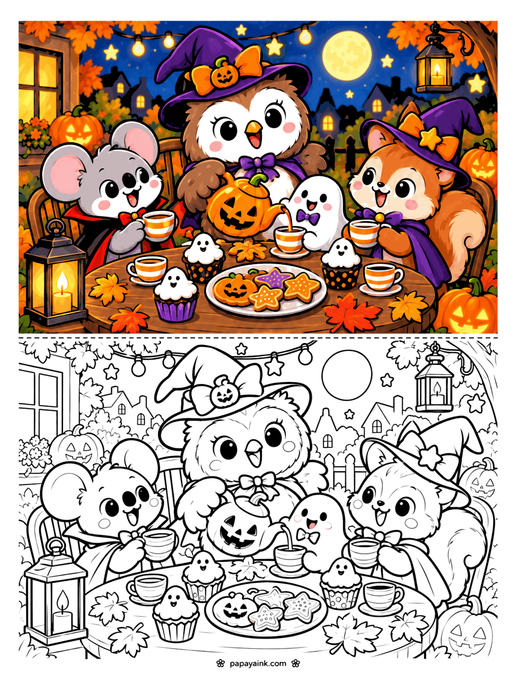 Easy Cute Halloween Coloring Pages - Owl witch pouring tea for a koala vampire and a squirrel witch at a Halloween party (Detailed)
