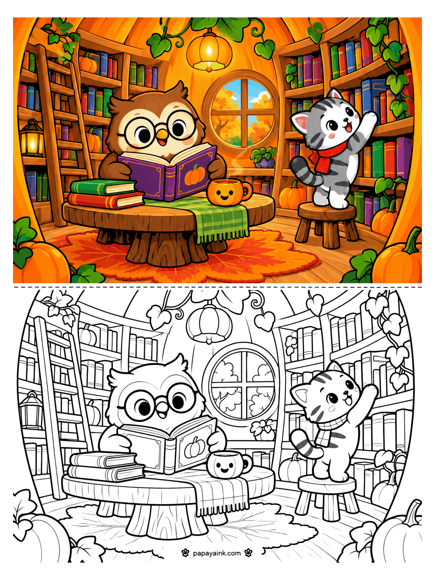 Pumpkin Coloring Pages - An owl in round glasses reads a book at a tree-stump table inside a pumpkin-shaped library while a kitten reaches for a book on the shelf. Detailed.