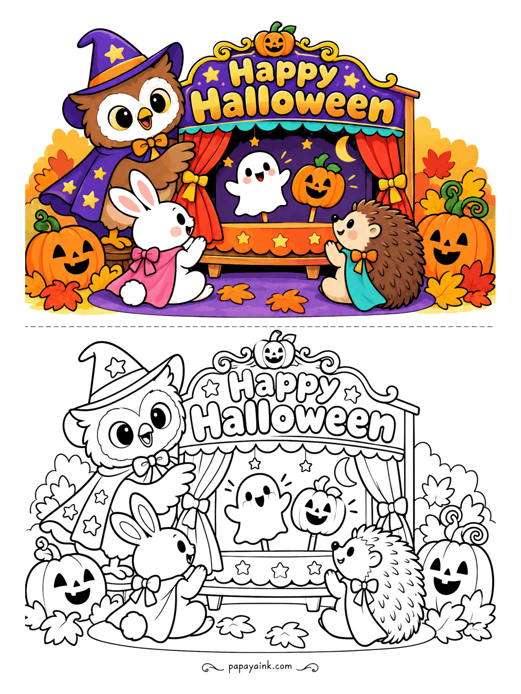 Halloween Coloring Pages - Puppet show tonight: an owl in a wizard hat works the curtain, and the bunny and hedgehog in the front row can hardly sit still. Let the stage curtains be the deepest color on the page.